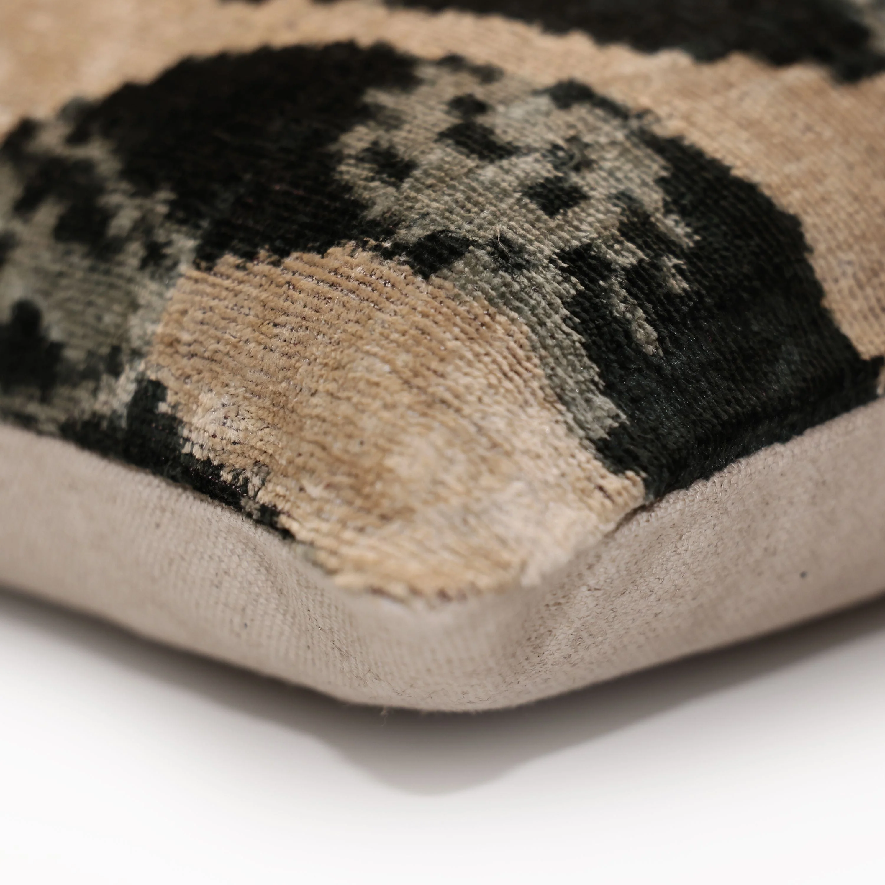Luxury Black and Natural Silk Velvet Ikat Lumbar Pillow 16x24 Inch with Down Insert - Image 8