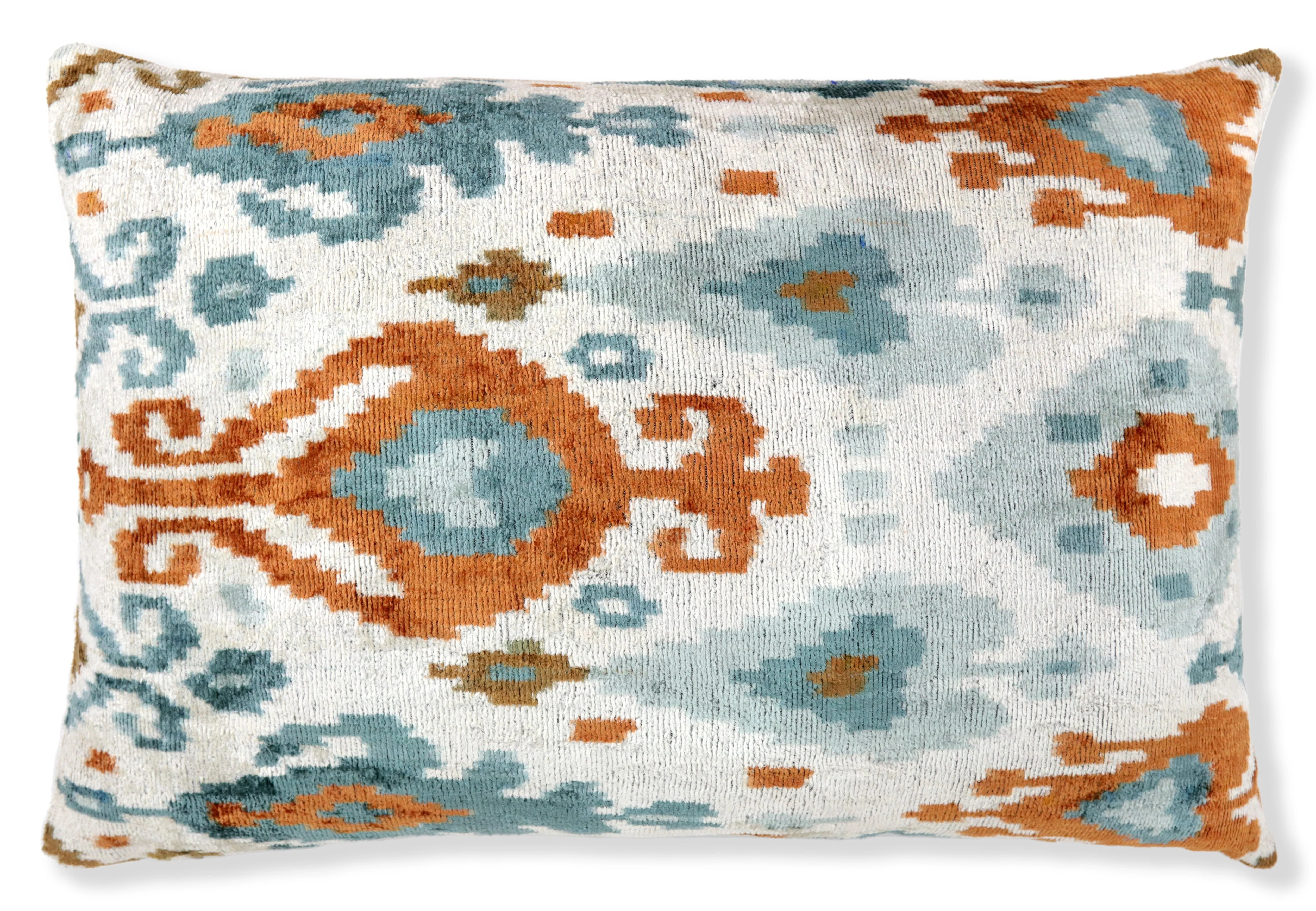 Luxury Blue Trellis Silk Velvet Throw Pillow | 16x24 Ikat Design Handmade in California - Image 4