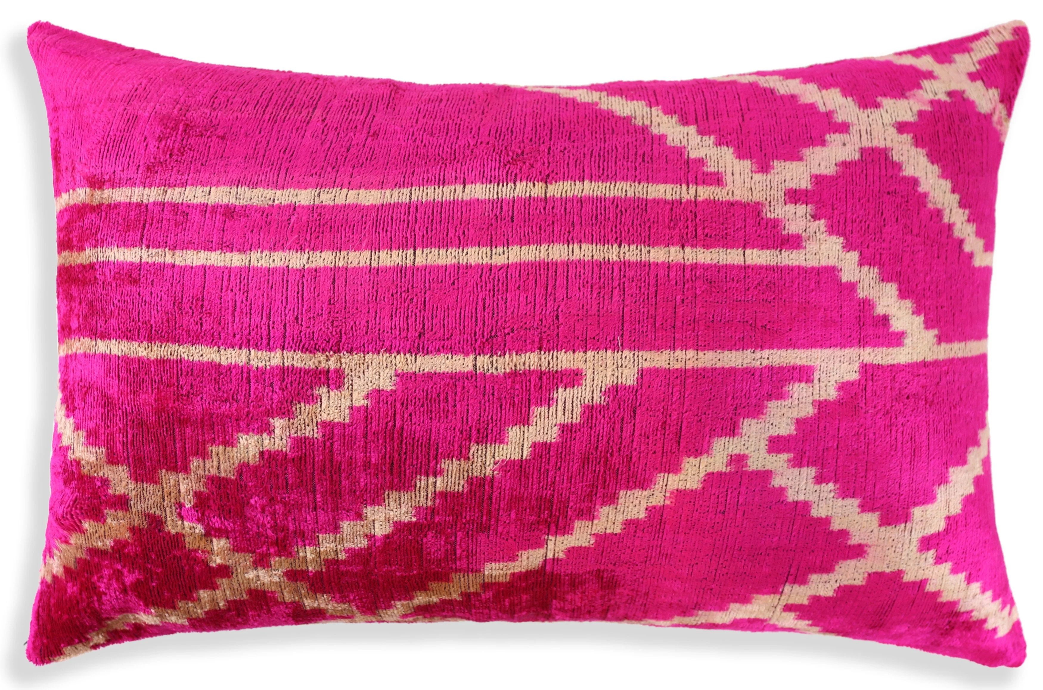 Luxury Fuchsia Pink Silk Velvet Throw Pillow 16x24 – Handmade Geometric Lumbar Cushion - Image 5