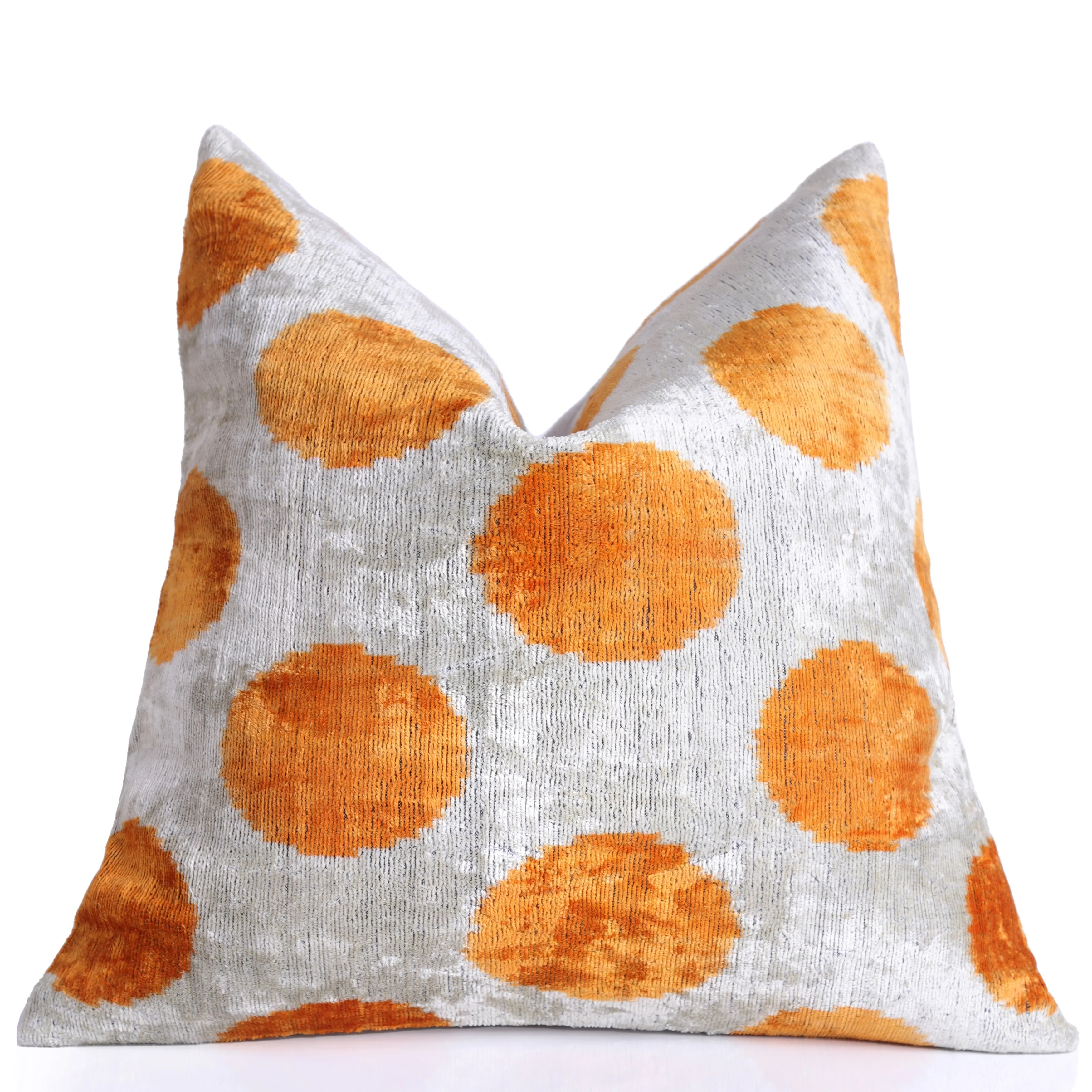 Luxury Handmade 16x16 Velvet Pillow – Gray & Gold Orange Polka Dot - Image 5