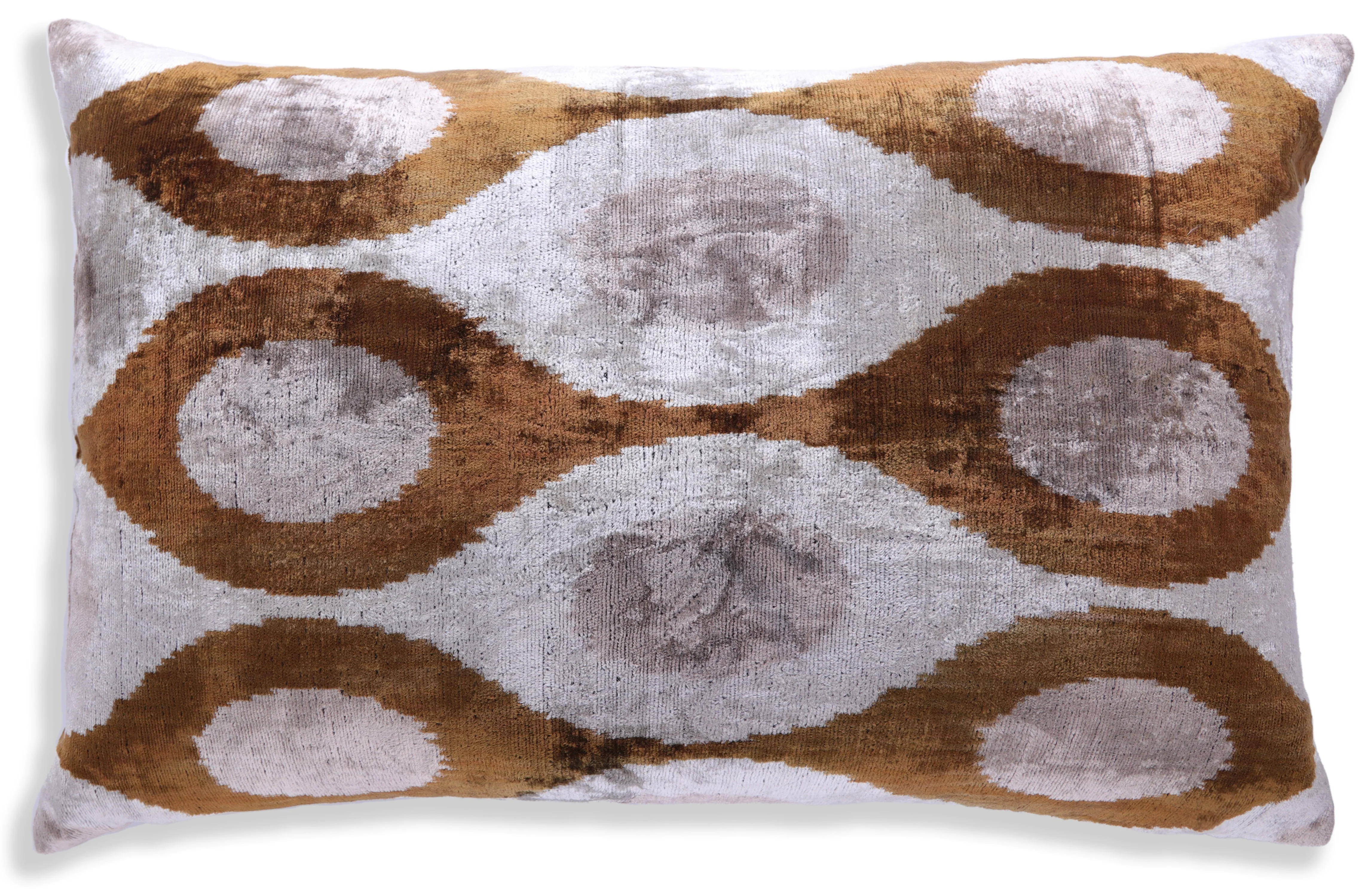 Luxury Handmade Ikat Silk Velvet Throw Pillow with insert , 16x24, Earth Tones - Image 4
