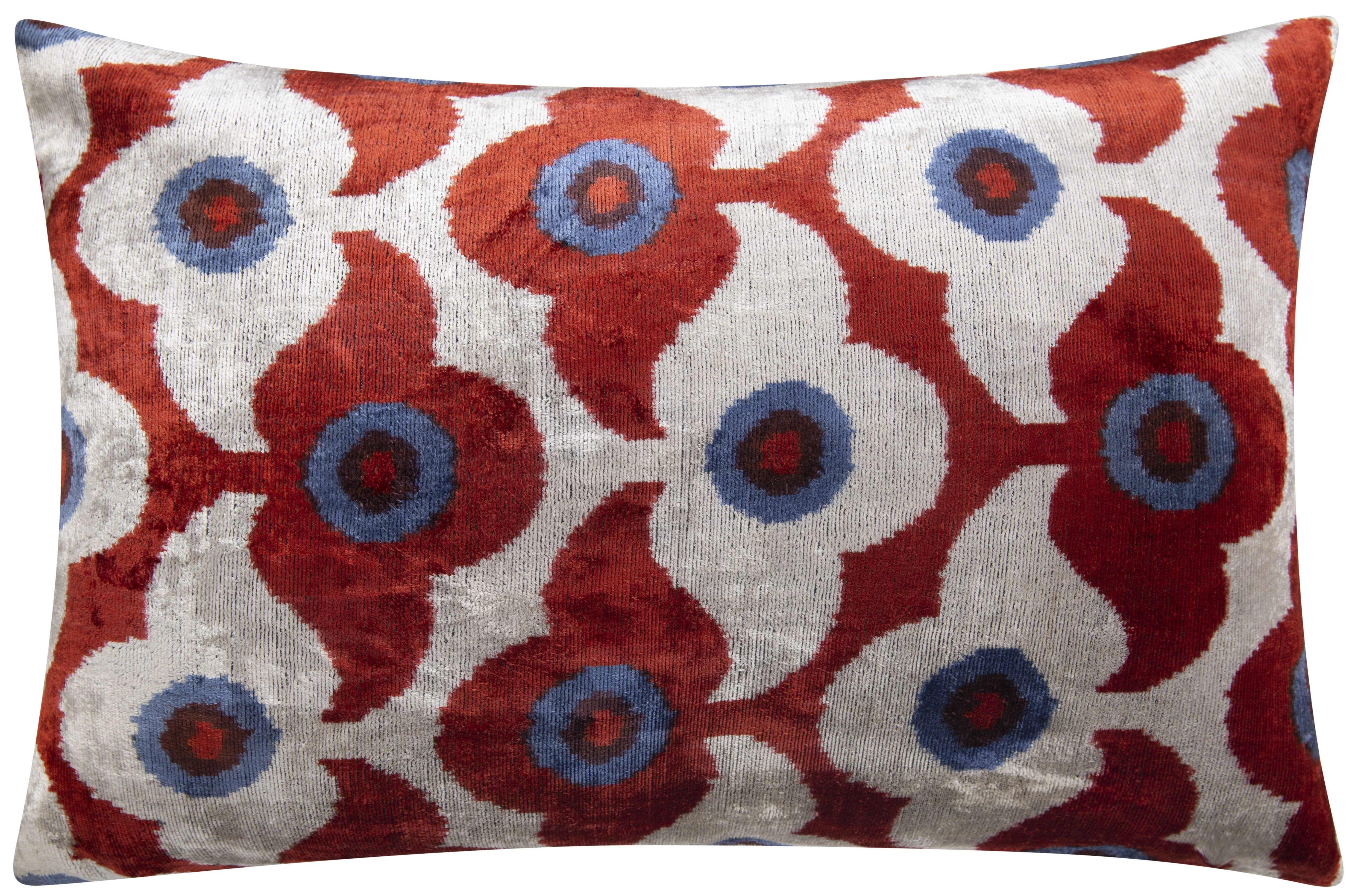 Luxury Handmade Silk Velvet Throw Pillow - Red Rust, Blue, and White Design, 16x24, Super Soft - Image 3