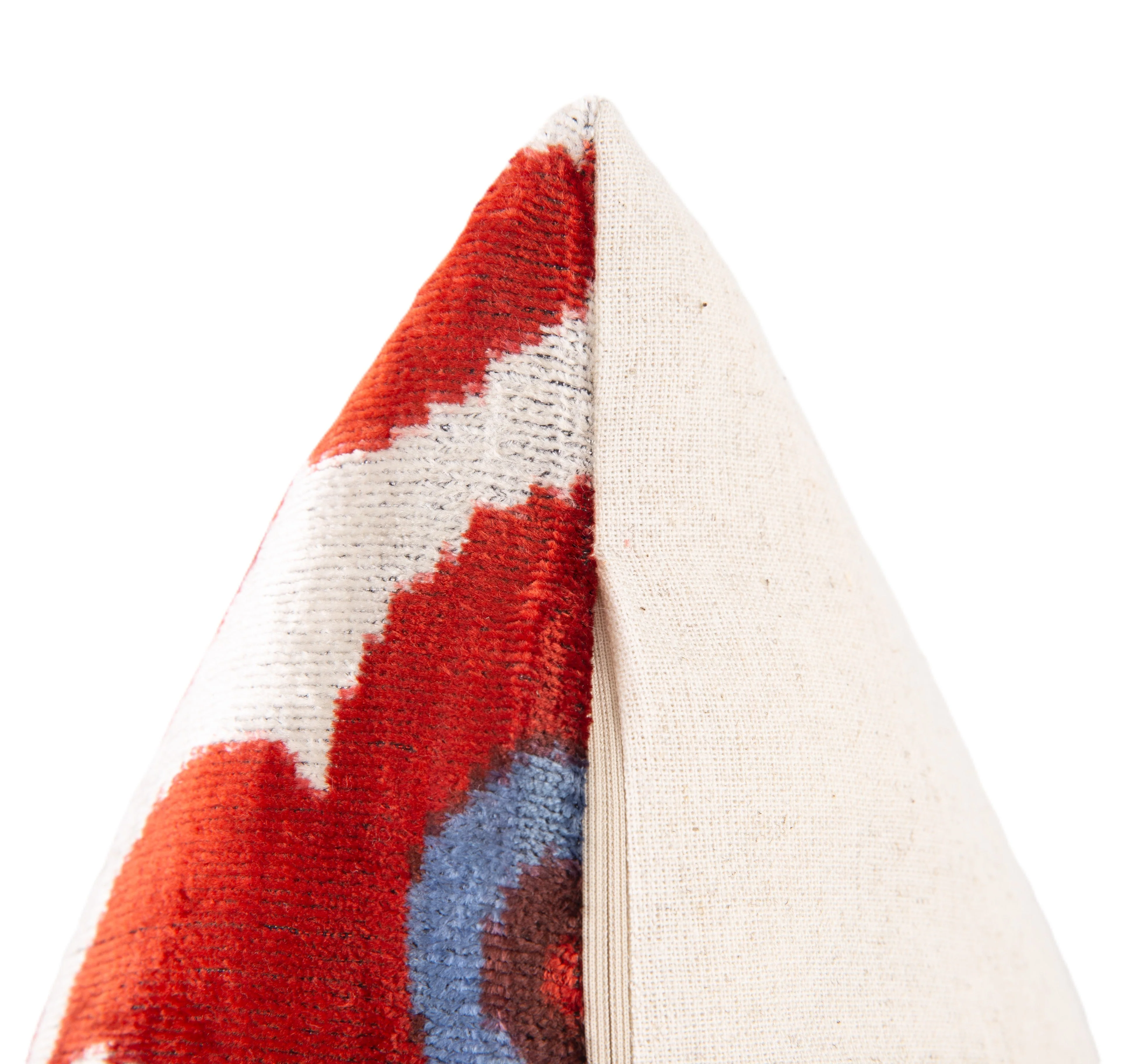 Luxury Handmade Silk Velvet Throw Pillow - Red Rust, Blue, and White Design, 16x24, Super Soft - Image 4