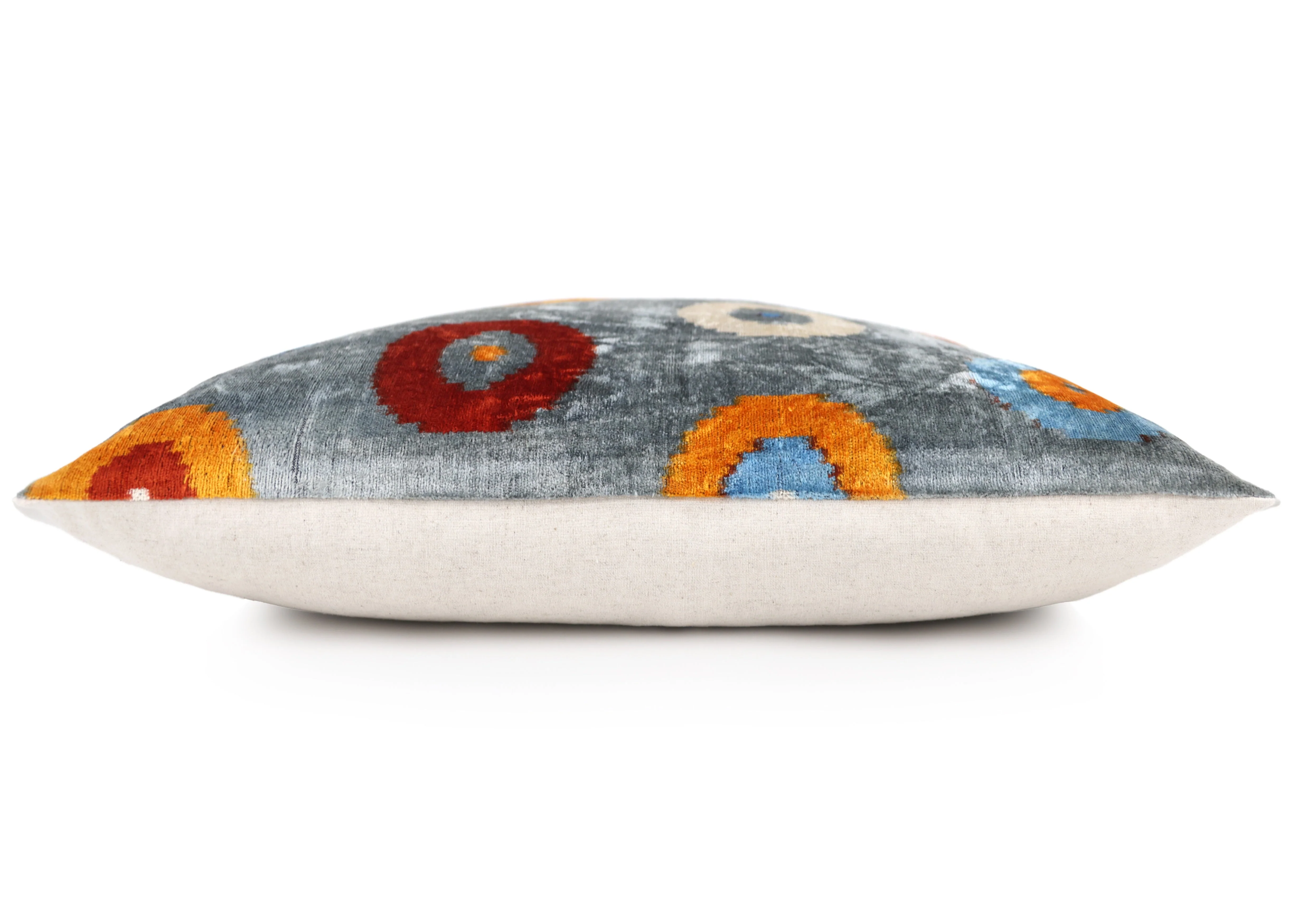 Luxury Handmade Velvet Throw Pillow – Handwoven Grey with Multicolor Circle Pattern | 20x20 in | Feather Insert Included - Image 4