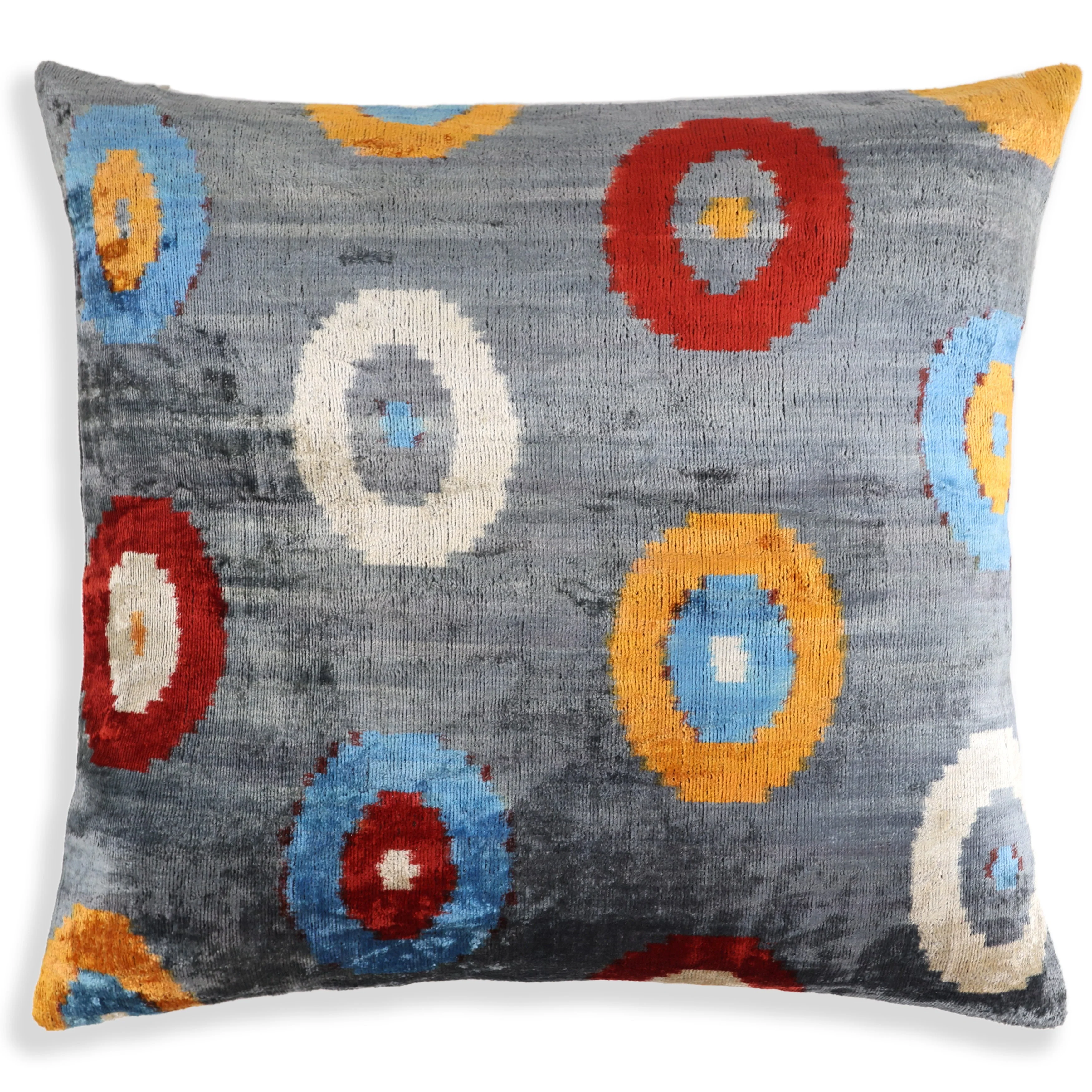 Luxury Handmade Velvet Throw Pillow – Handwoven Grey with Multicolor Circle Pattern | 20x20 in | Feather Insert Included - Image 5
