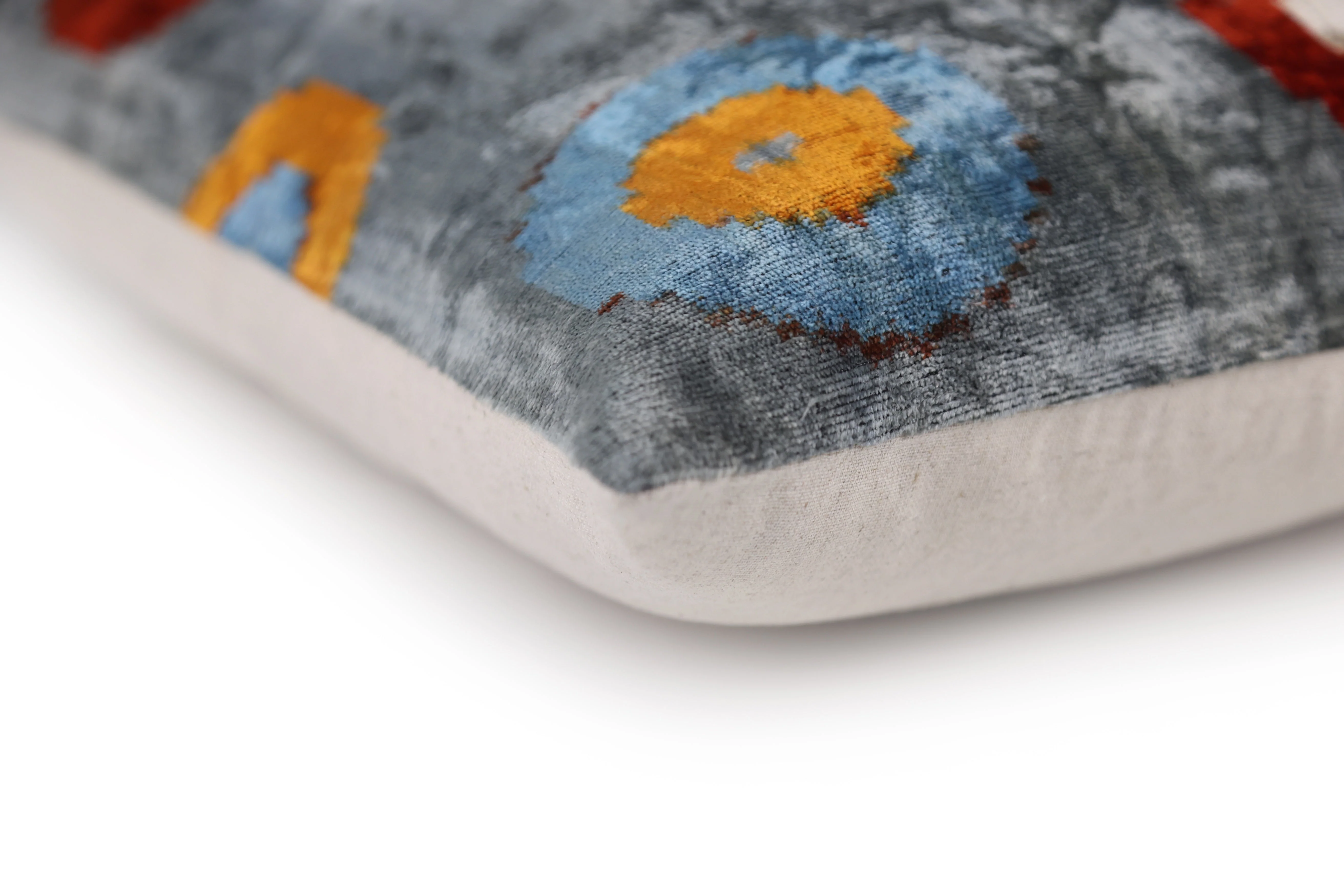 Luxury Handmade Velvet Throw Pillow – Handwoven Grey with Multicolor Circle Pattern | 20x20 in | Feather Insert Included - Image 8