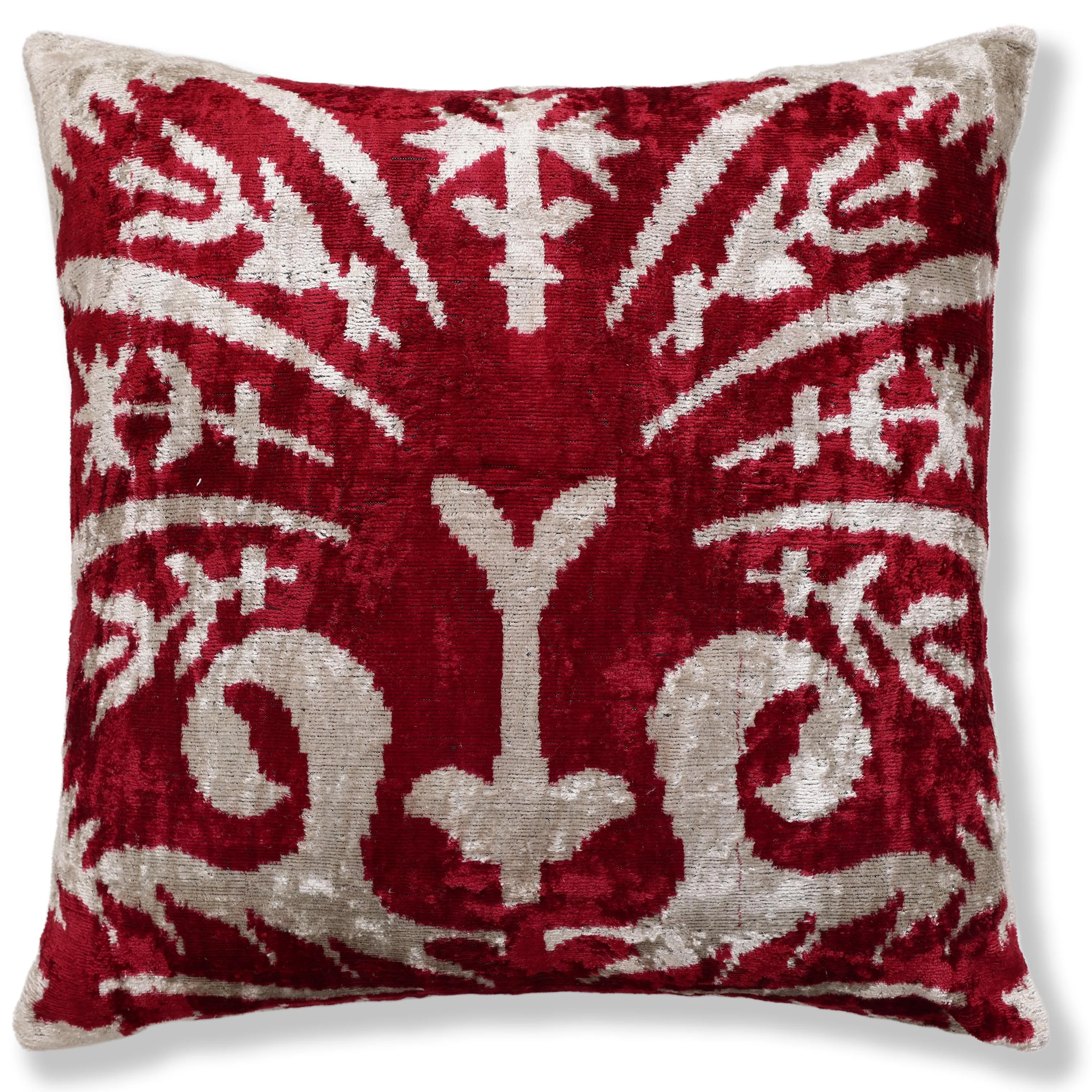 Luxury Handwoven Dark Red Silk Velvet Ikat Pillow 20x20 Inch - Image 5