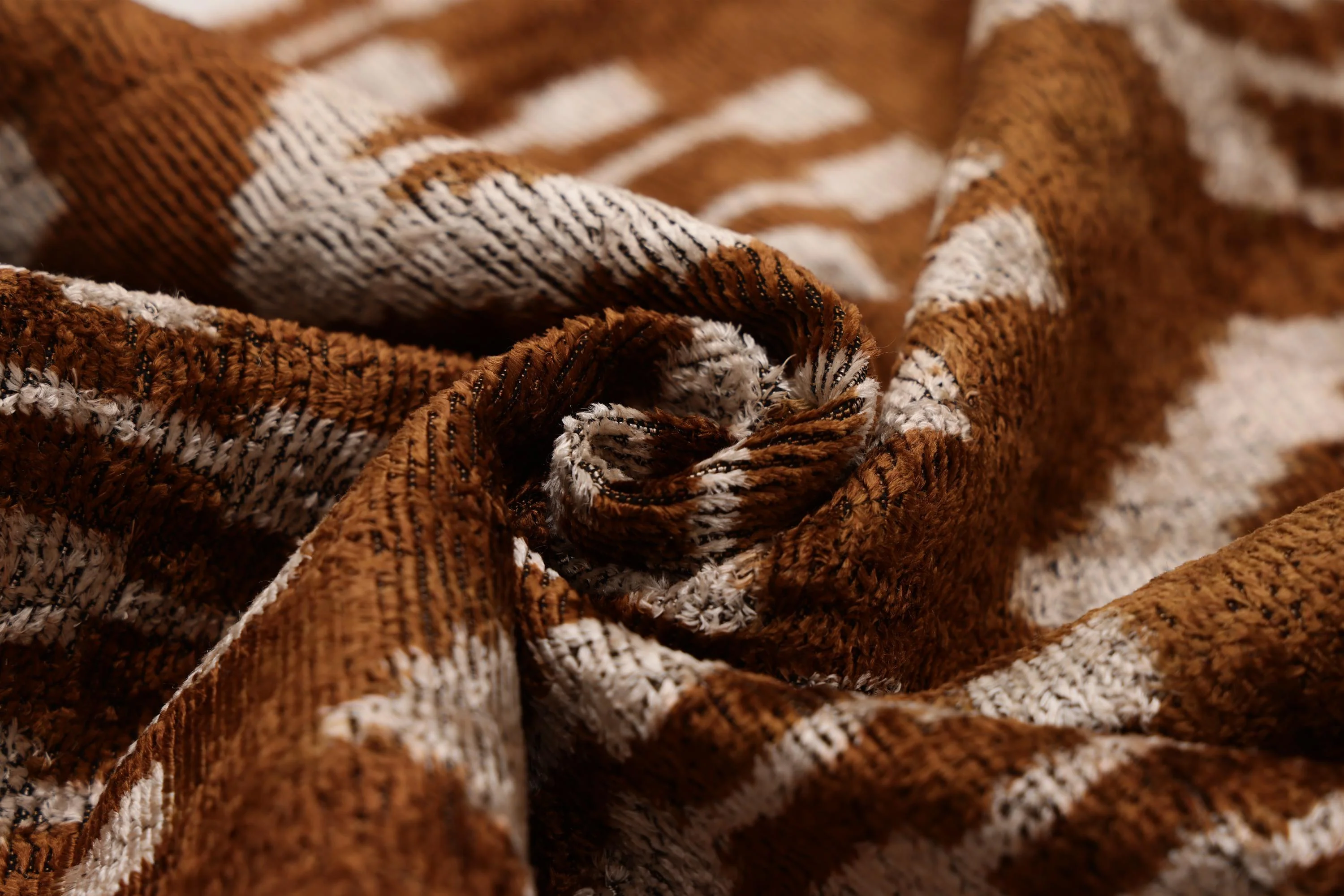 Luxury Handwoven Ikat Silk Velvet Pillow 20x20 Inch – Earthy Brown & Ivory - Image 3