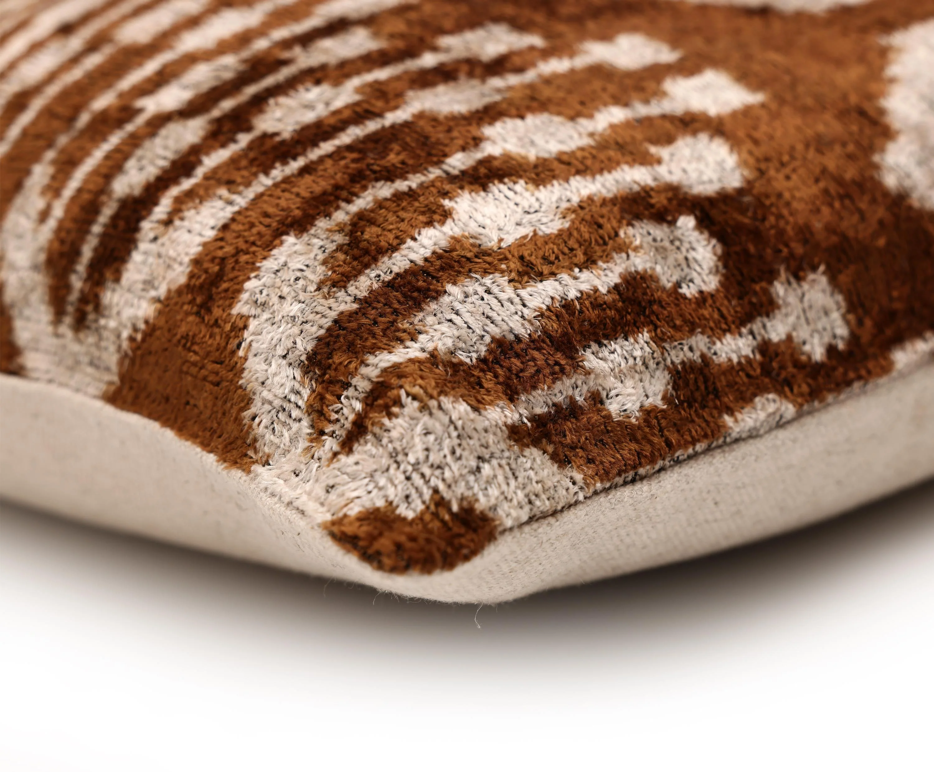 Luxury Handwoven Ikat Silk Velvet Pillow 20x20 Inch – Earthy Brown & Ivory - Image 8