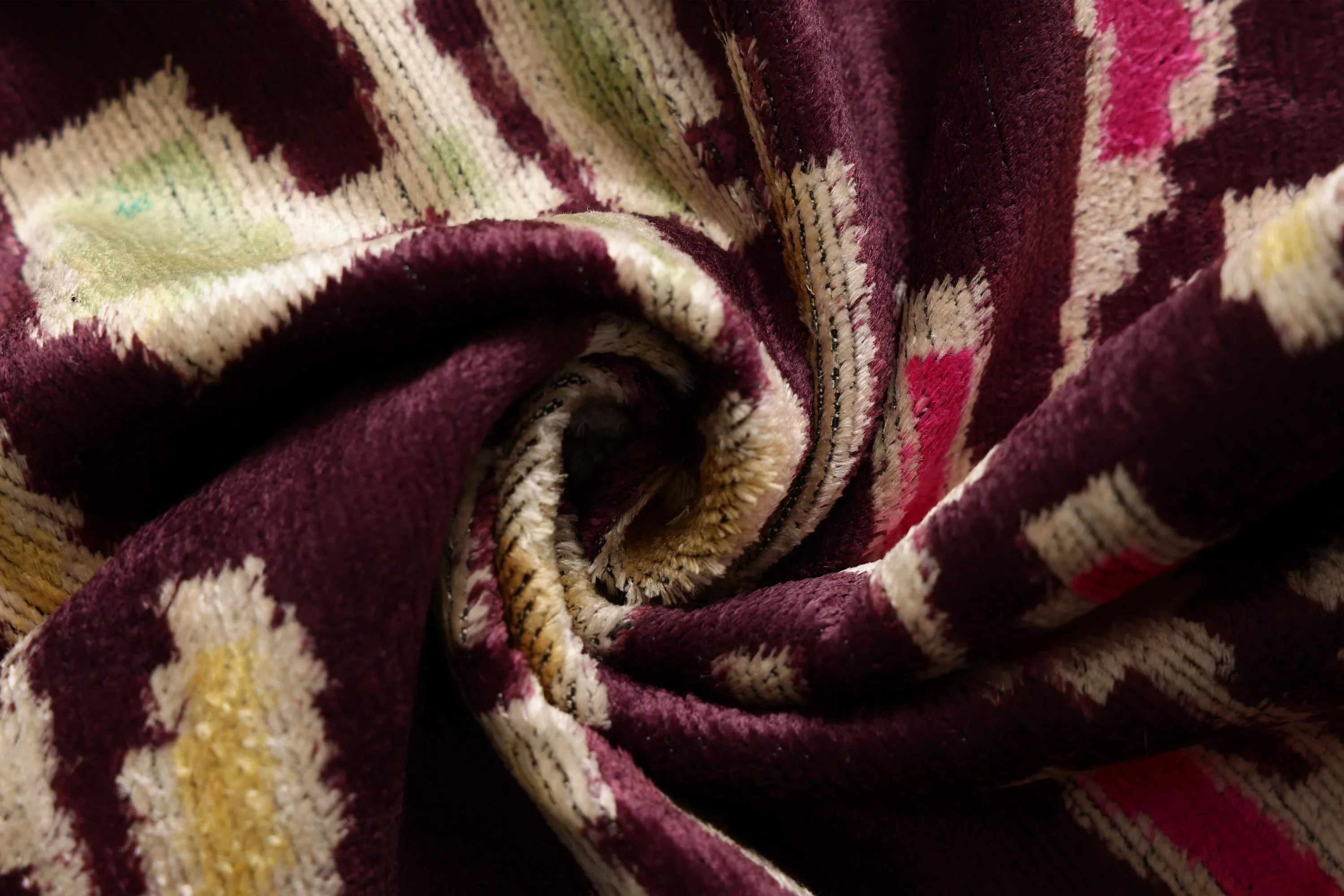 Luxury Handwoven Silk Velvet Ikat Pillow 20x20 Inch – Burgundy & Soft Pastel - Image 2