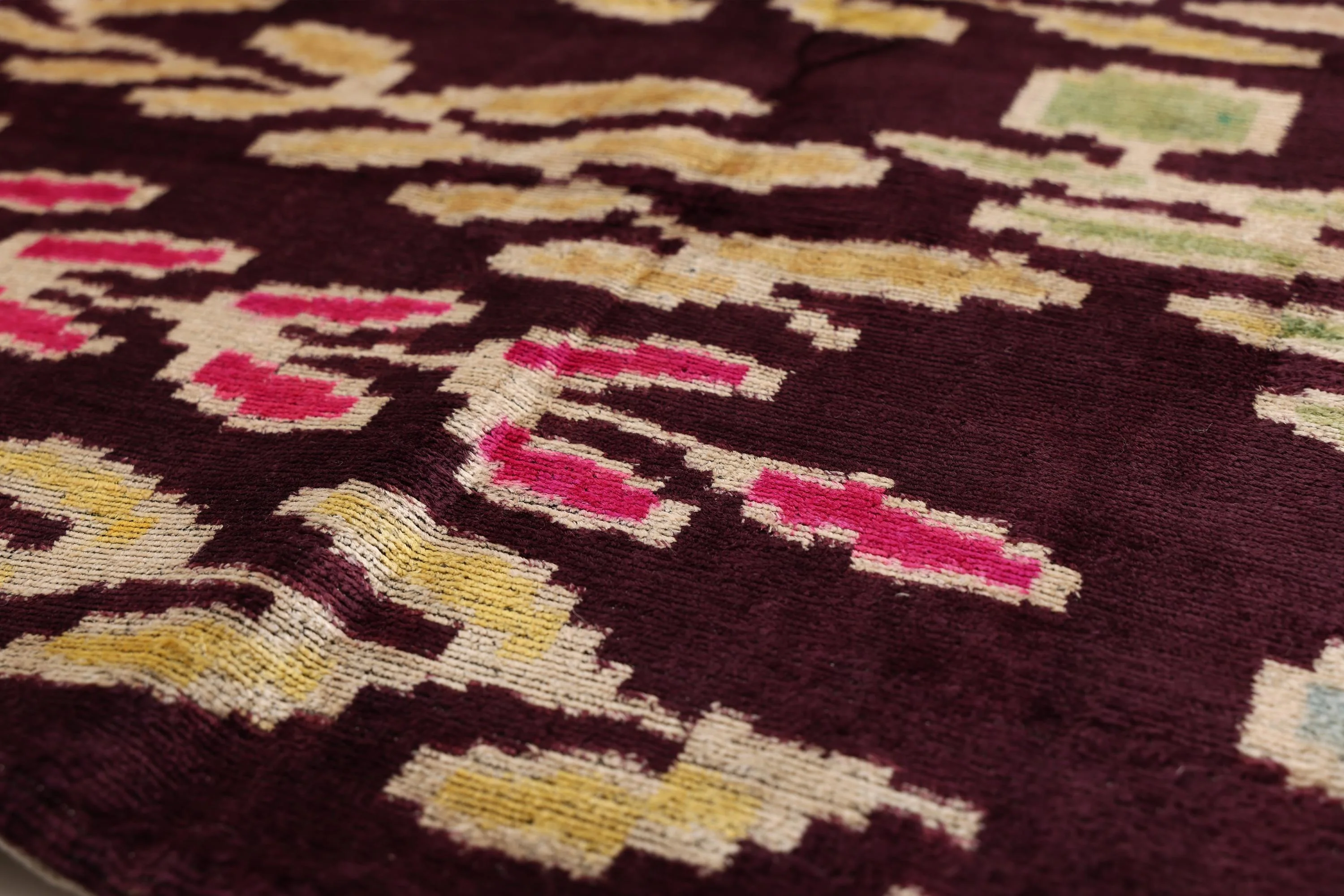 Luxury Handwoven Silk Velvet Ikat Pillow 20x20 Inch – Burgundy & Soft Pastel - Image 3