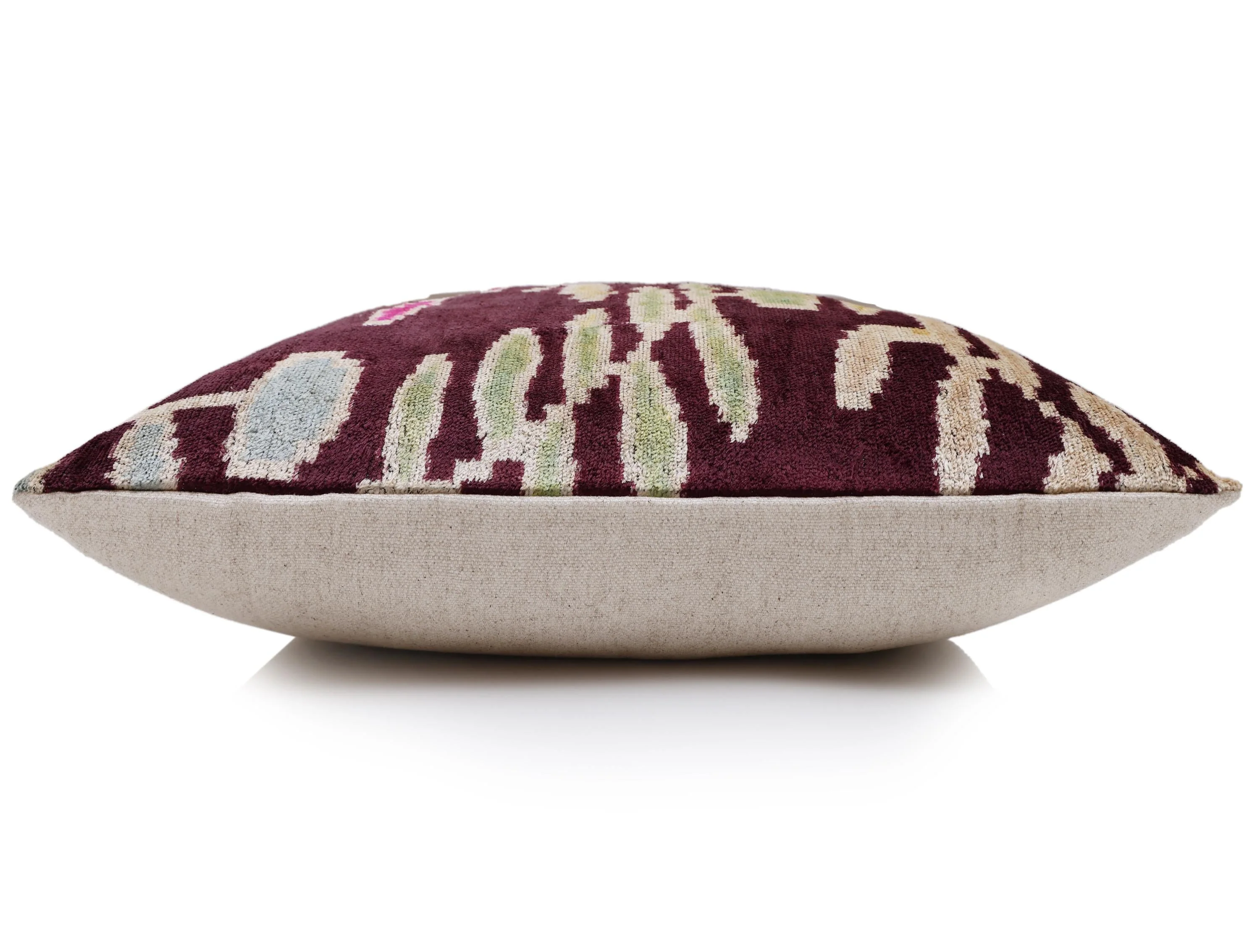 Luxury Handwoven Silk Velvet Ikat Pillow 20x20 Inch – Burgundy & Soft Pastel - Image 4