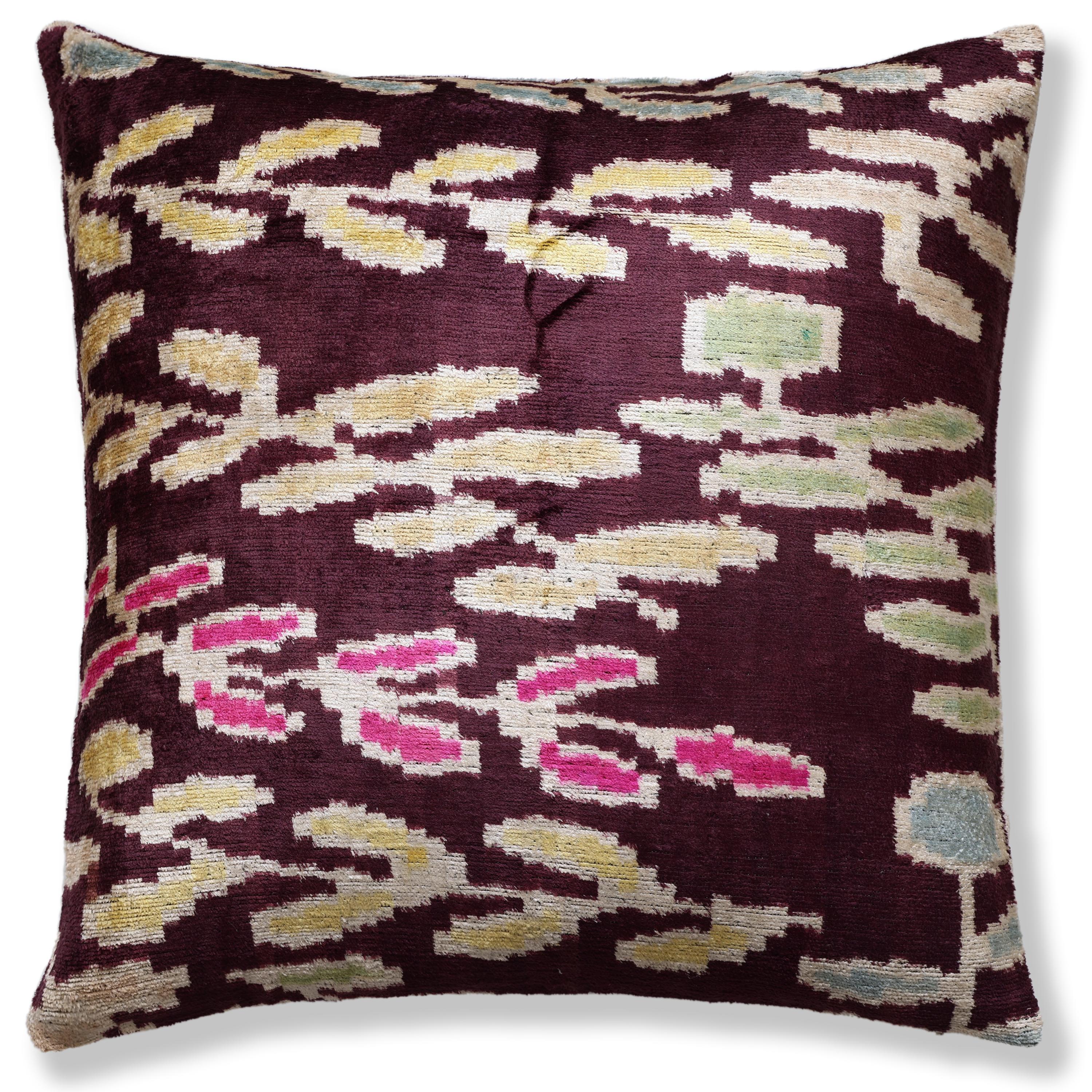 Luxury Handwoven Silk Velvet Ikat Pillow 20x20 Inch – Burgundy & Soft Pastel - Image 5