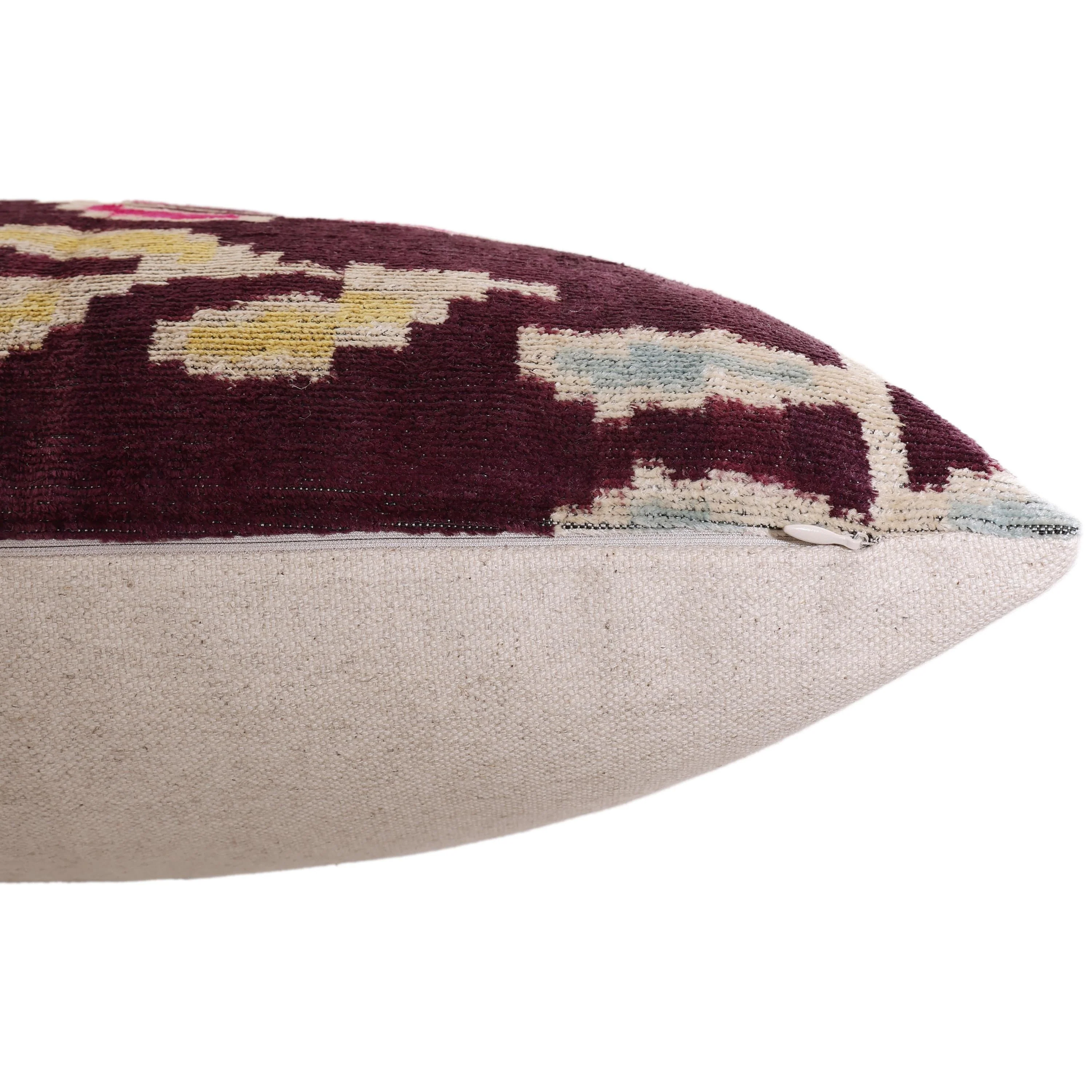 Luxury Handwoven Silk Velvet Ikat Pillow 20x20 Inch – Burgundy & Soft Pastel - Image 6