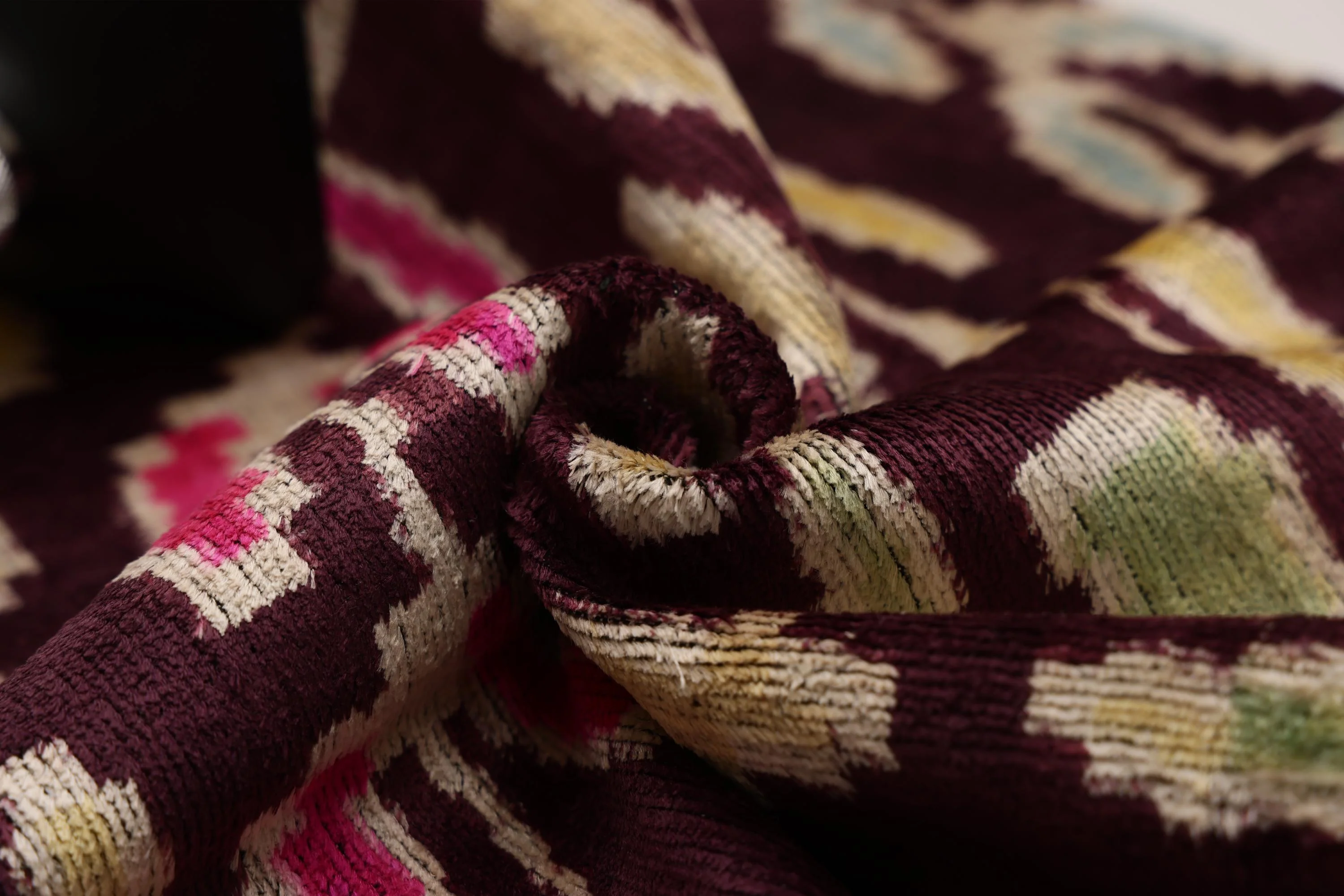 Luxury Handwoven Silk Velvet Ikat Pillow 20x20 Inch – Burgundy & Soft Pastel - Image 7