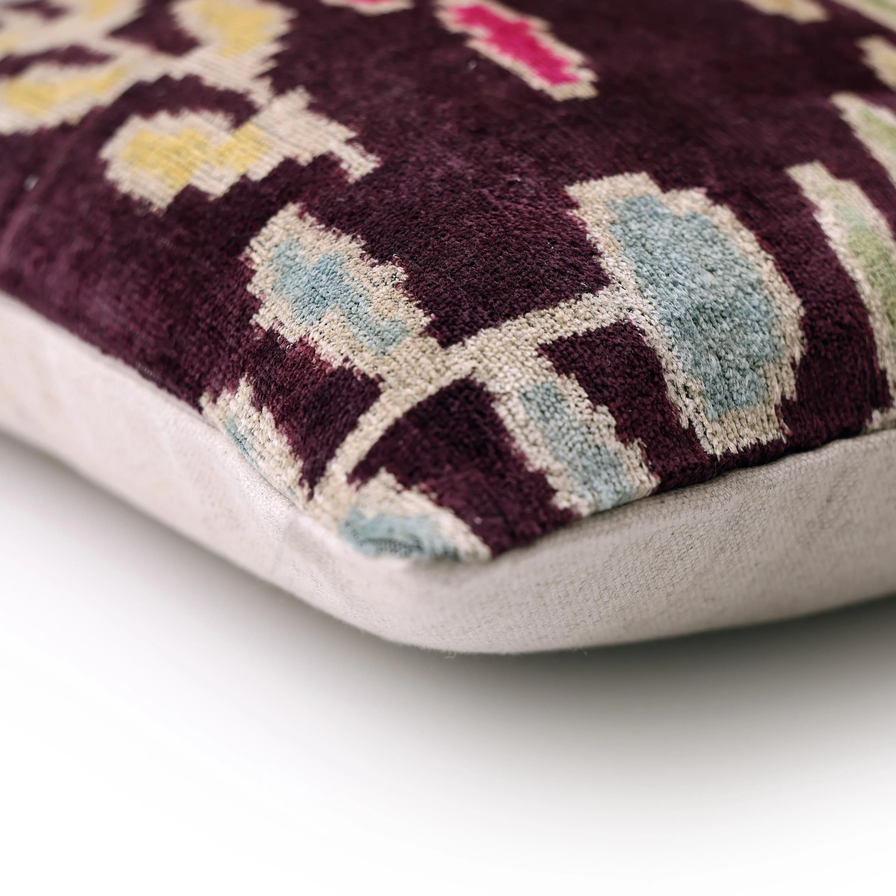 Luxury Handwoven Silk Velvet Ikat Pillow 20x20 Inch – Burgundy & Soft Pastel - Image 8