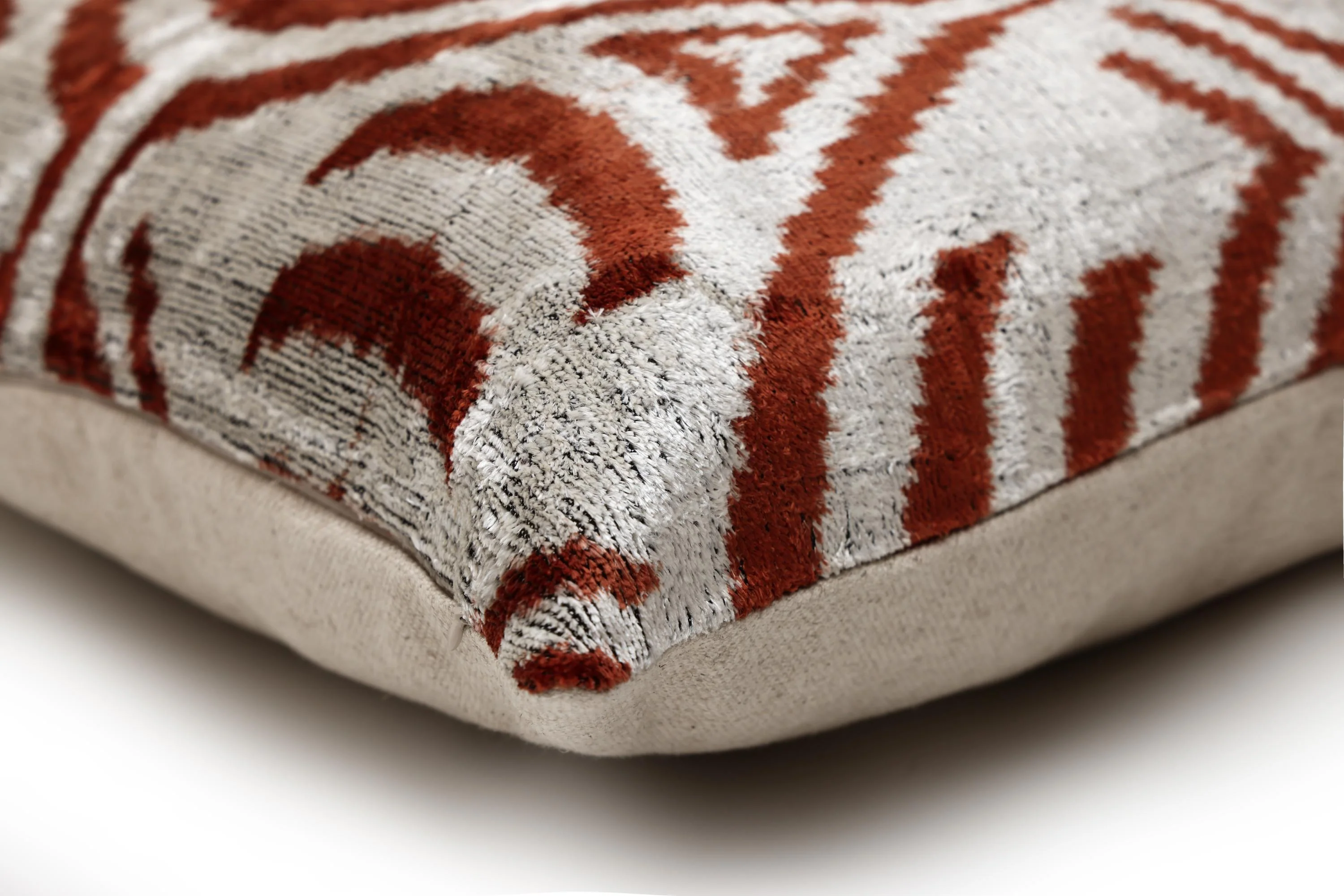 Luxury Handwoven Silk Velvet Ikat Pillow 20x20 Inch – Rust & Ivory - Image 8