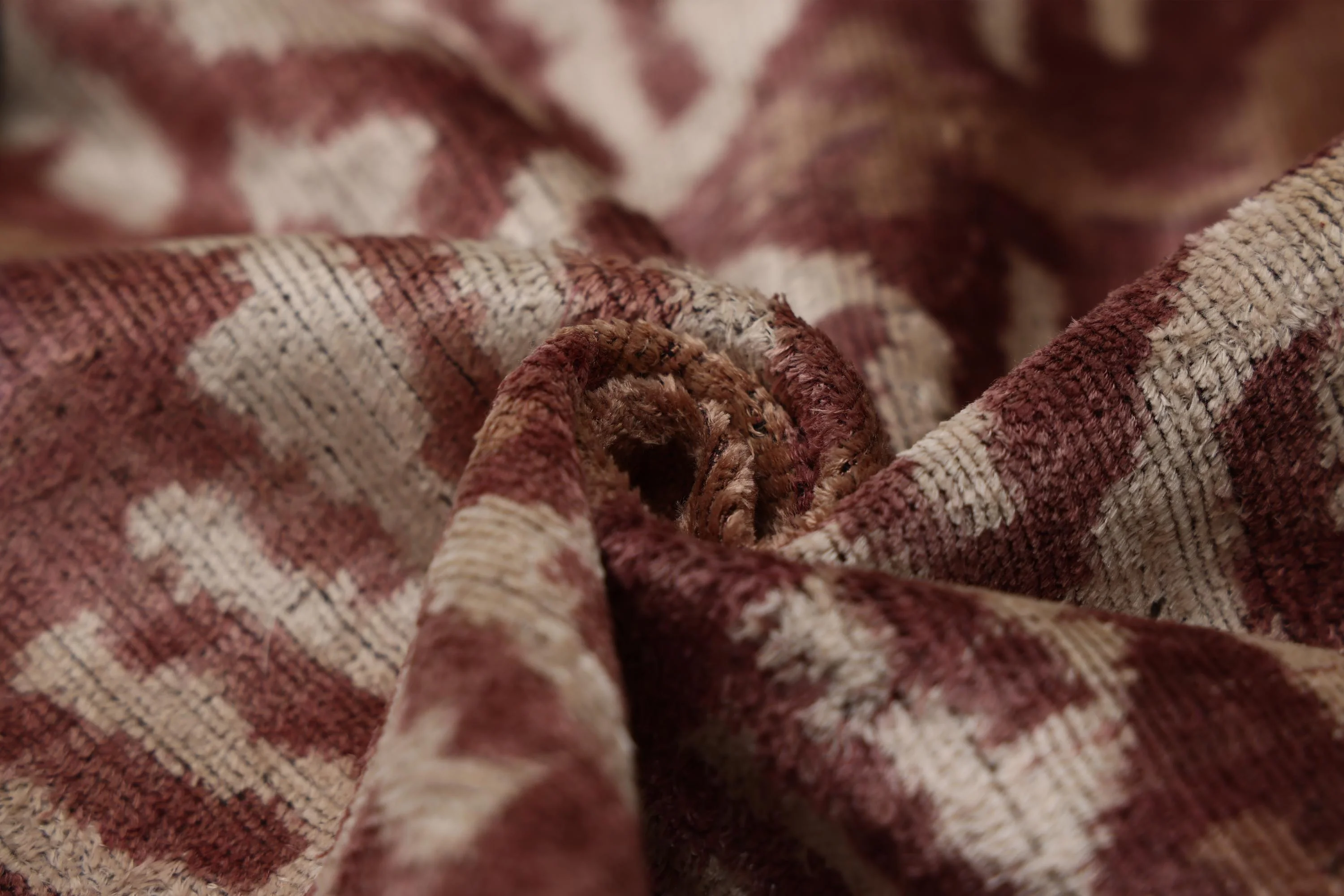 Luxury Handwoven Silk Velvet Throw Pillow 20x20 Inch Burgundy Ikat Pattern - Image 3