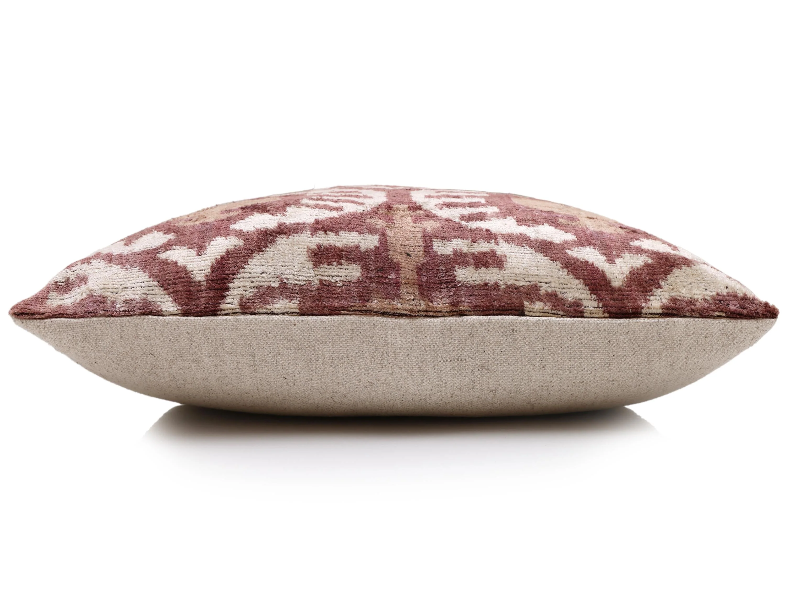 Luxury Handwoven Silk Velvet Throw Pillow 20x20 Inch Burgundy Ikat Pattern - Image 4