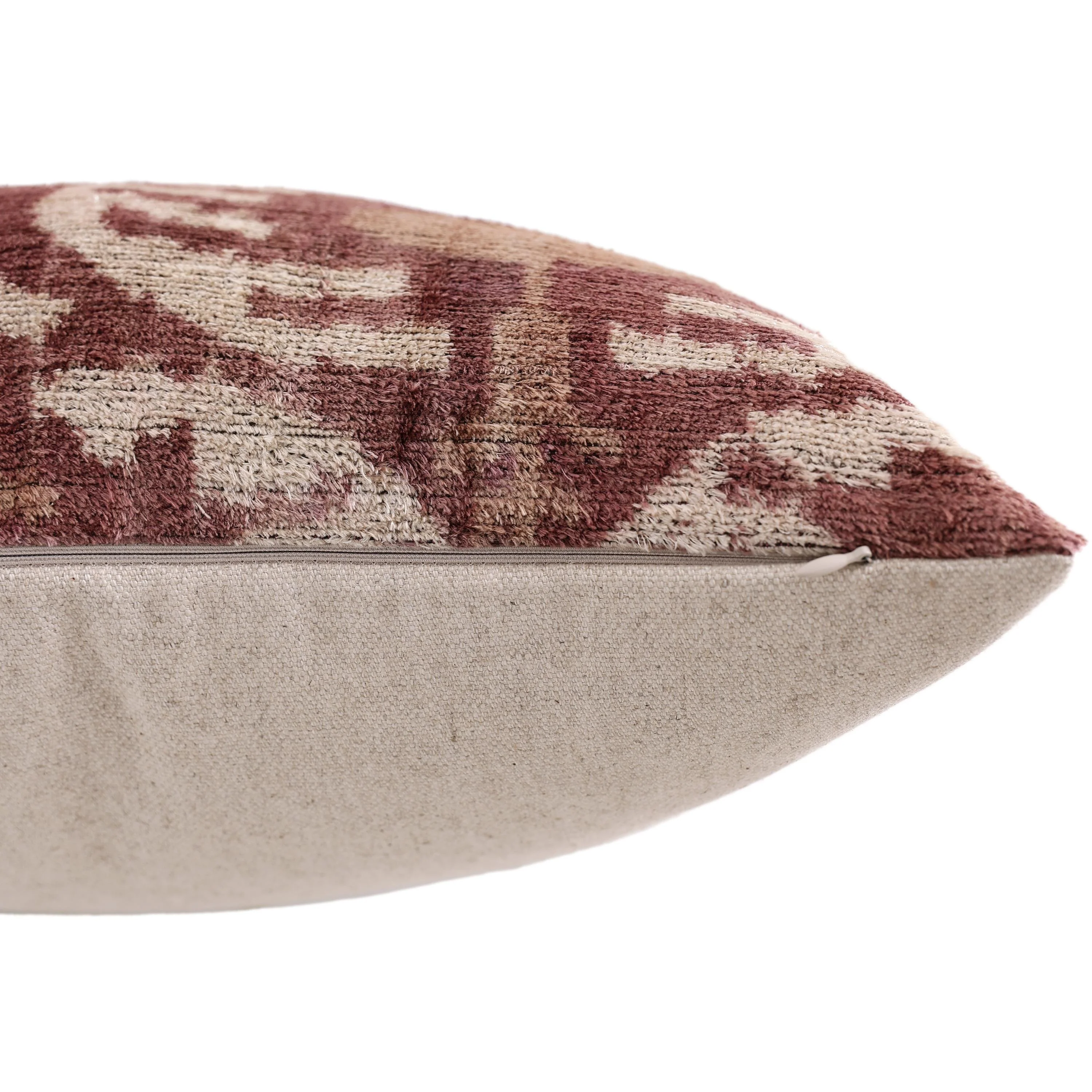 Luxury Handwoven Silk Velvet Throw Pillow 20x20 Inch Burgundy Ikat Pattern - Image 6