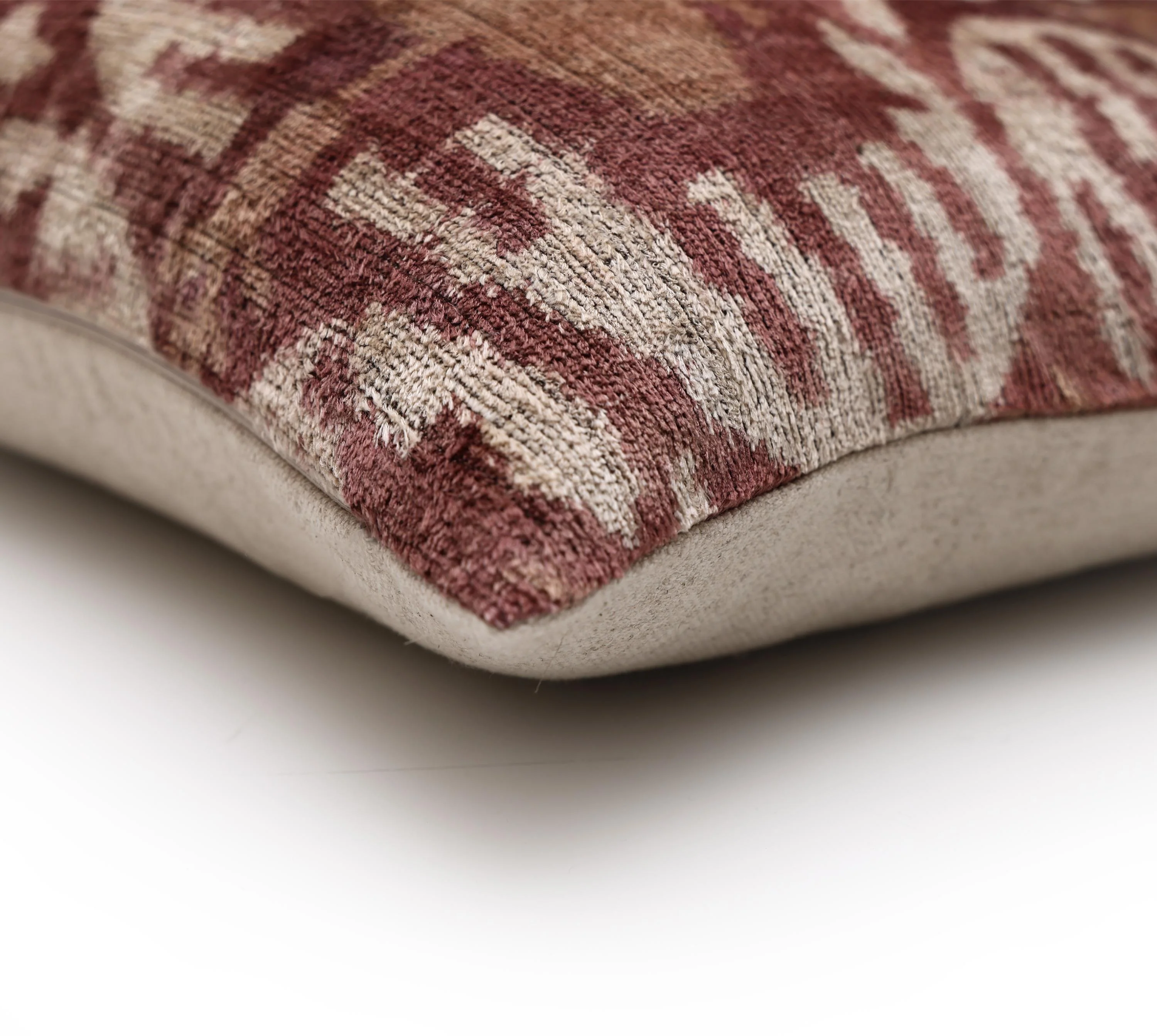 Luxury Handwoven Silk Velvet Throw Pillow 20x20 Inch Burgundy Ikat Pattern - Image 8