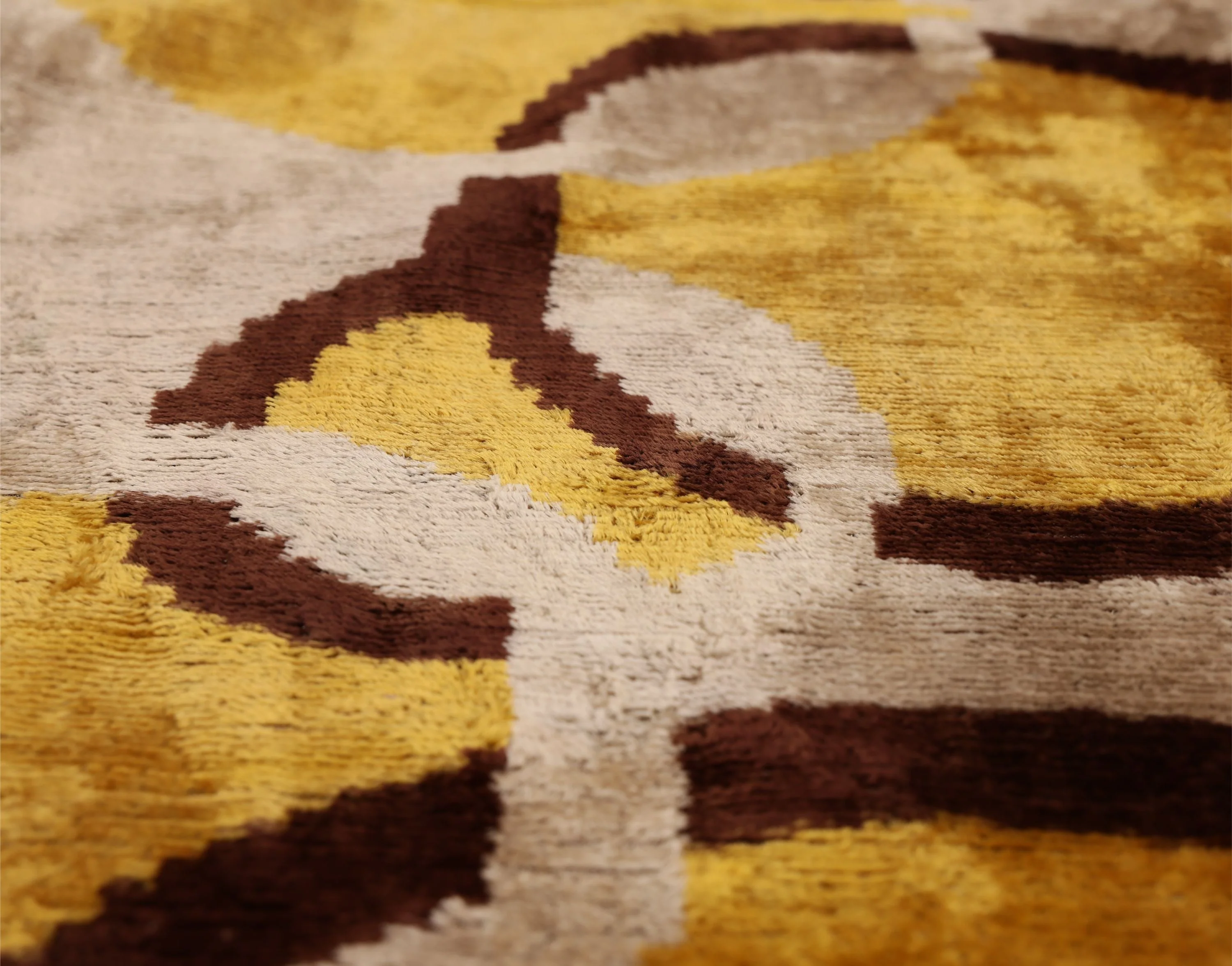 Luxury Mustard, Cream and Chocolate Silk Velvet Ikat Lumbar Pillow 16x24 Inch with Down Insert - Image 2