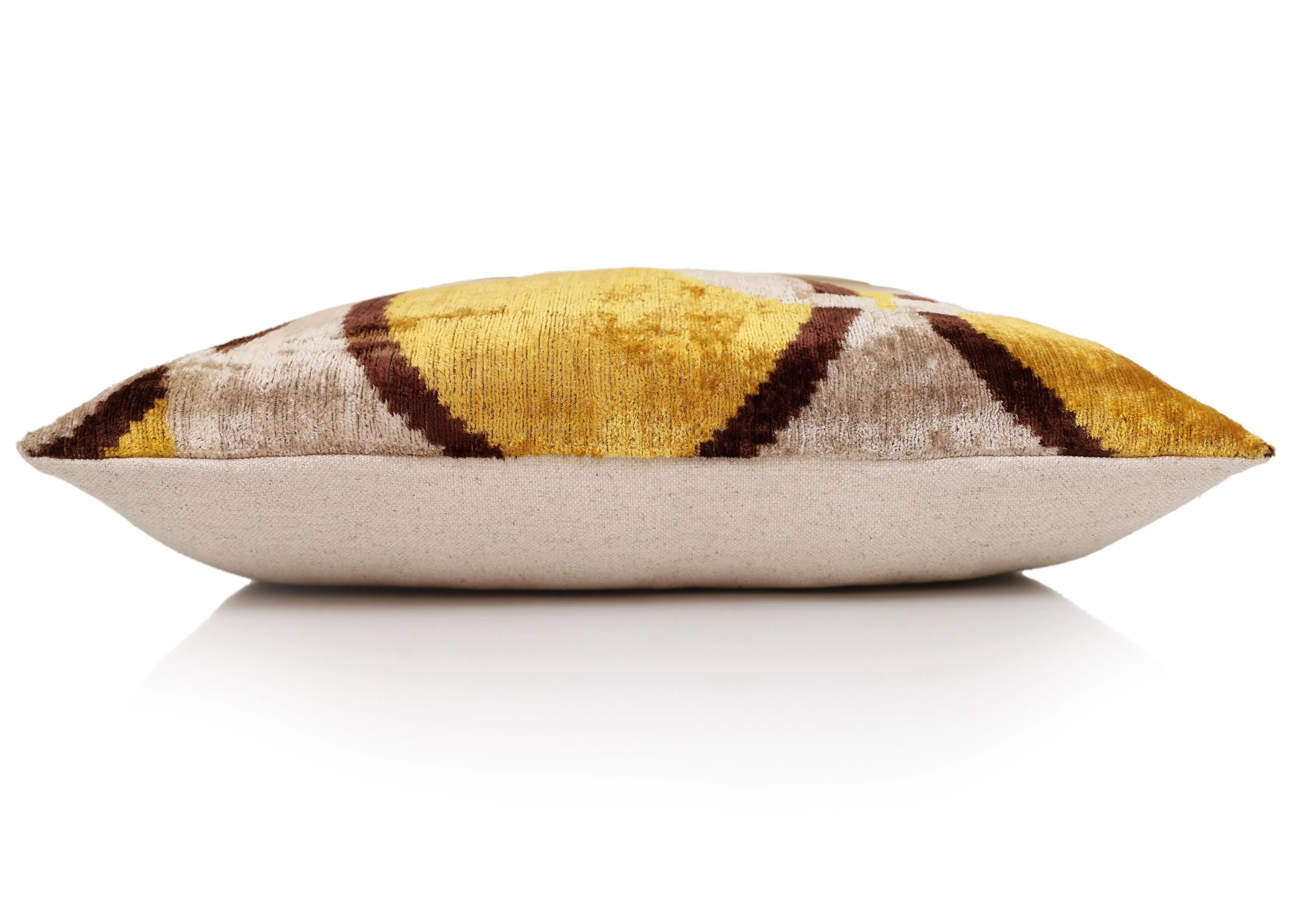 Luxury Mustard, Cream and Chocolate Silk Velvet Ikat Lumbar Pillow 16x24 Inch with Down Insert - Image 4