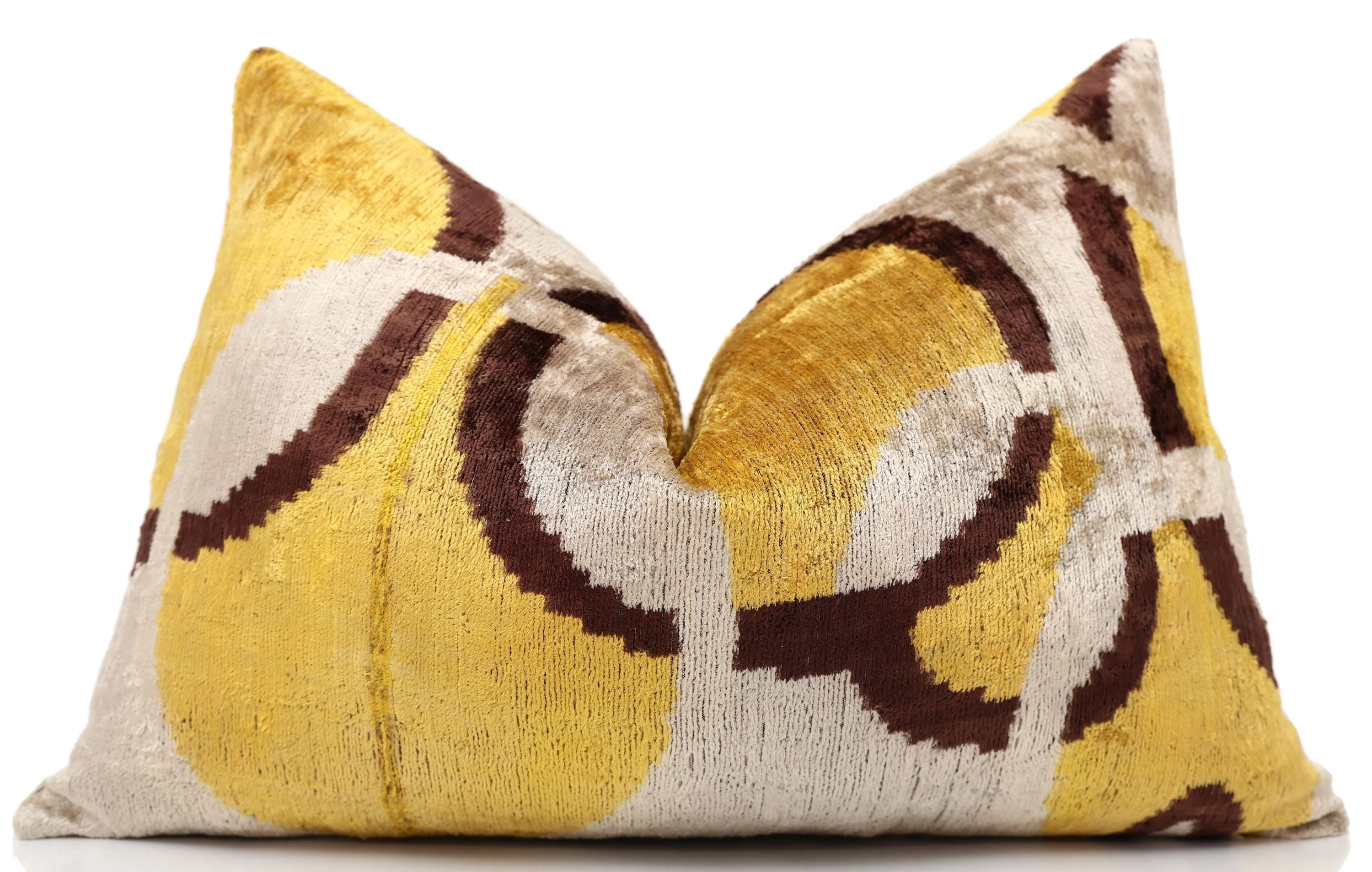 Luxury Mustard, Cream and Chocolate Silk Velvet Ikat Lumbar Pillow 16x24 Inch with Down Insert - Image 5