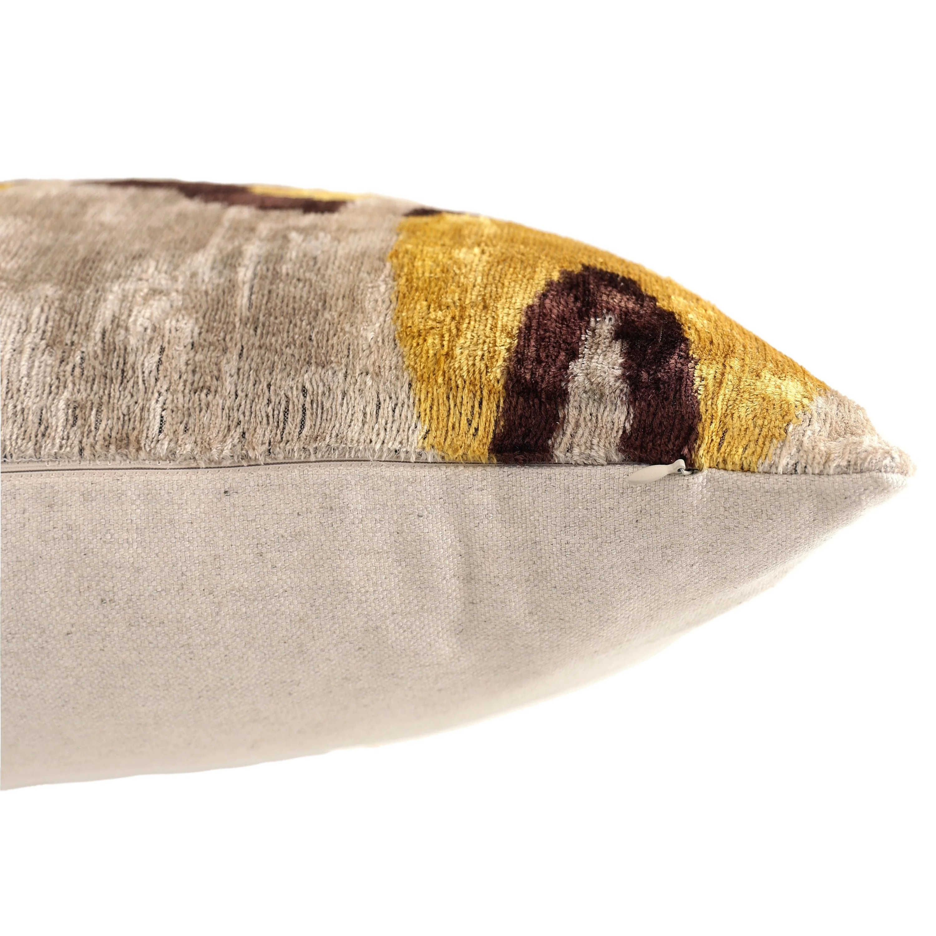 Luxury Mustard, Cream and Chocolate Silk Velvet Ikat Lumbar Pillow 16x24 Inch with Down Insert - Image 6
