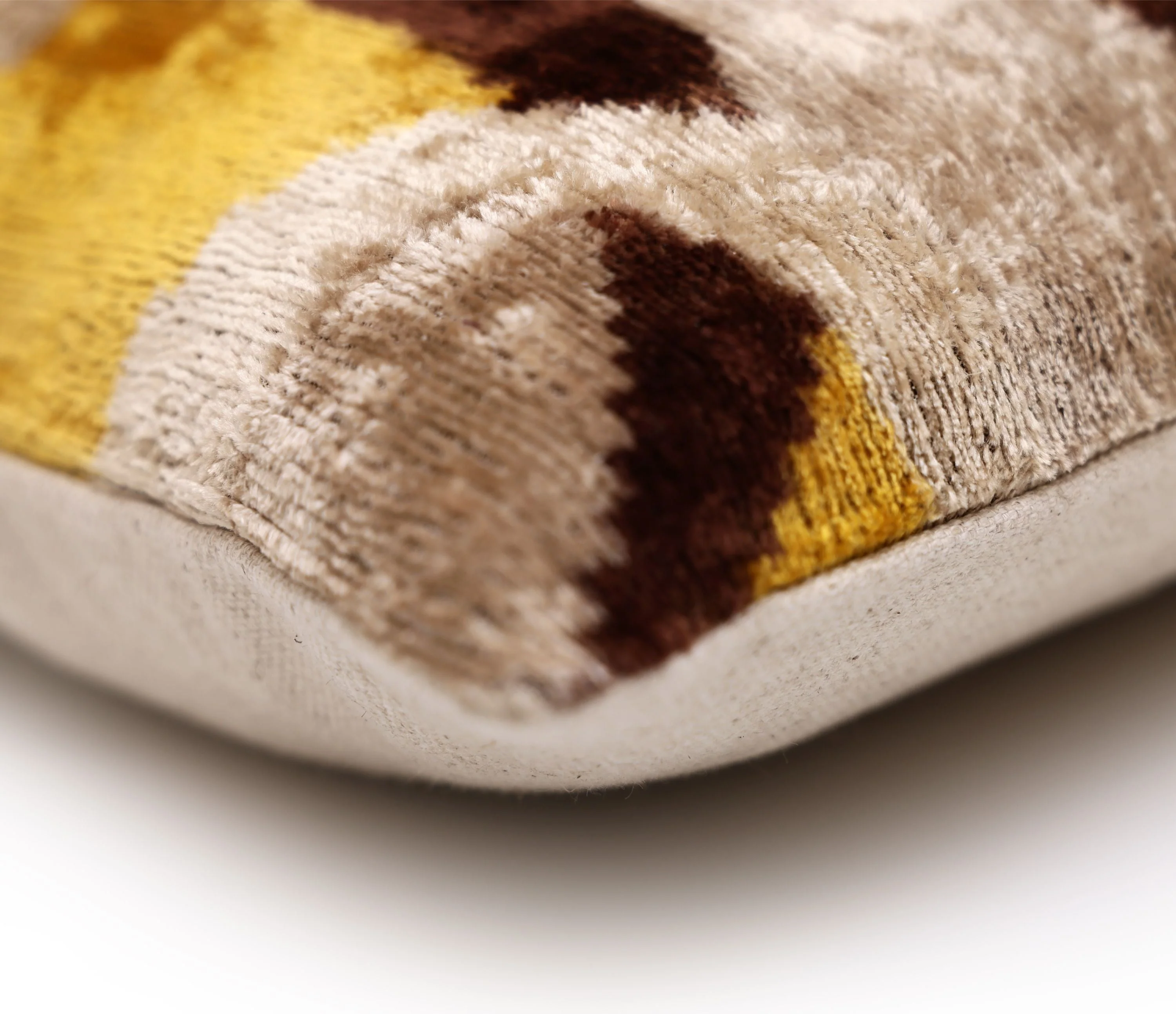 Luxury Mustard, Cream and Chocolate Silk Velvet Ikat Lumbar Pillow 16x24 Inch with Down Insert - Image 8