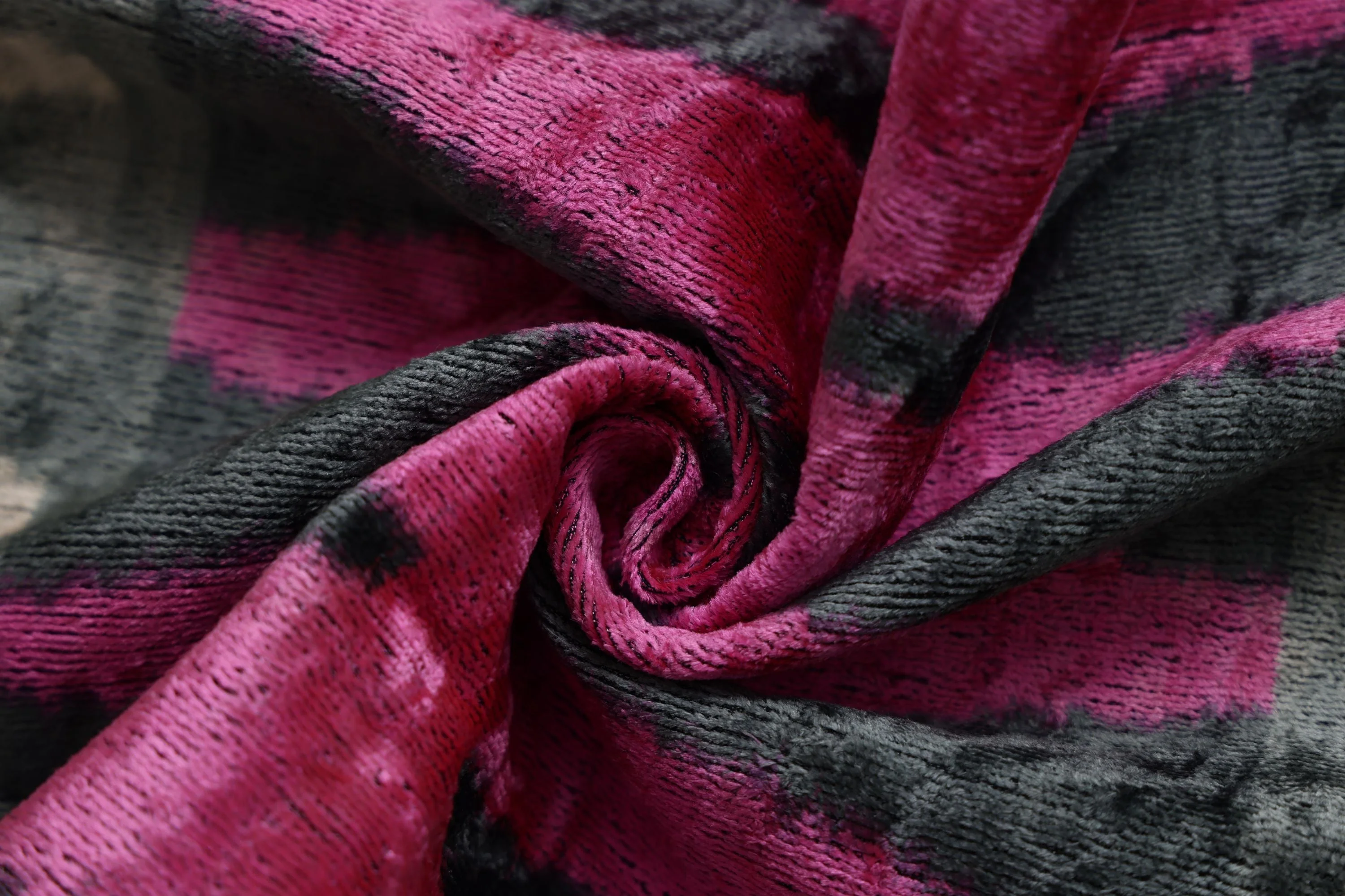 Luxury Pink, Charcoal and Natural Silk Velvet Ikat Lumbar Pillow 16x24 Inch with Down Insert - Image 2