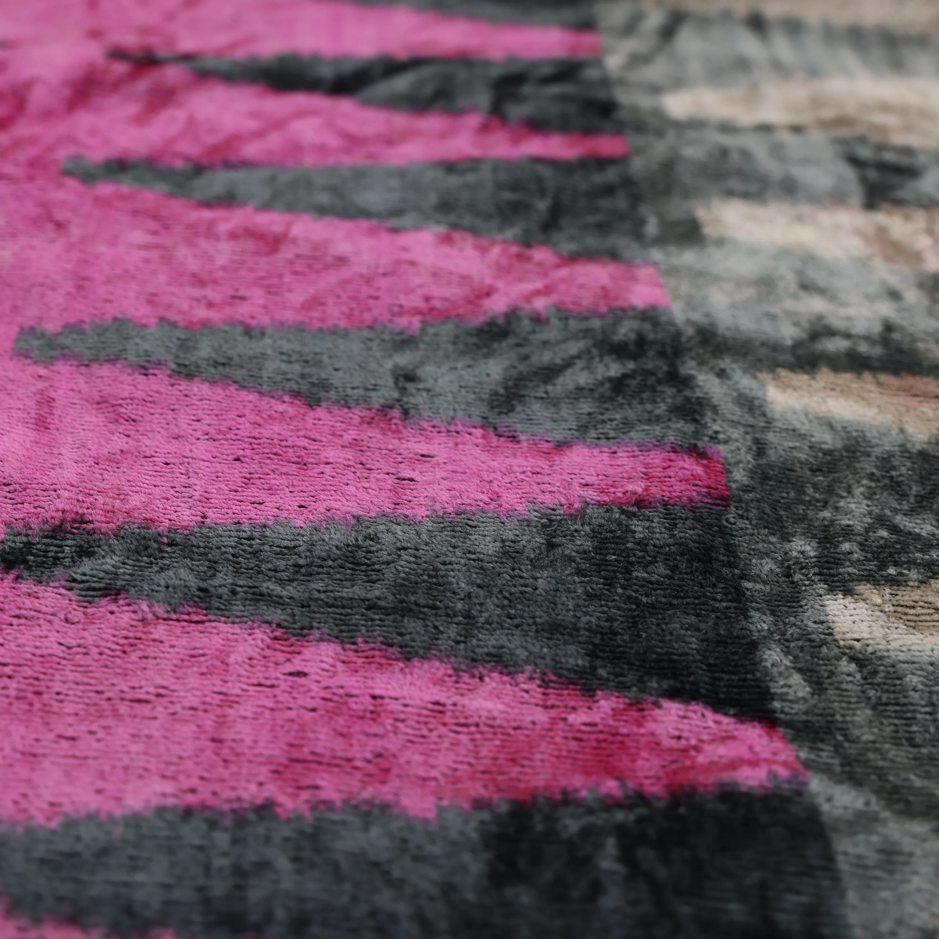 Luxury Pink, Charcoal and Natural Silk Velvet Ikat Lumbar Pillow 16x24 Inch with Down Insert - Image 3