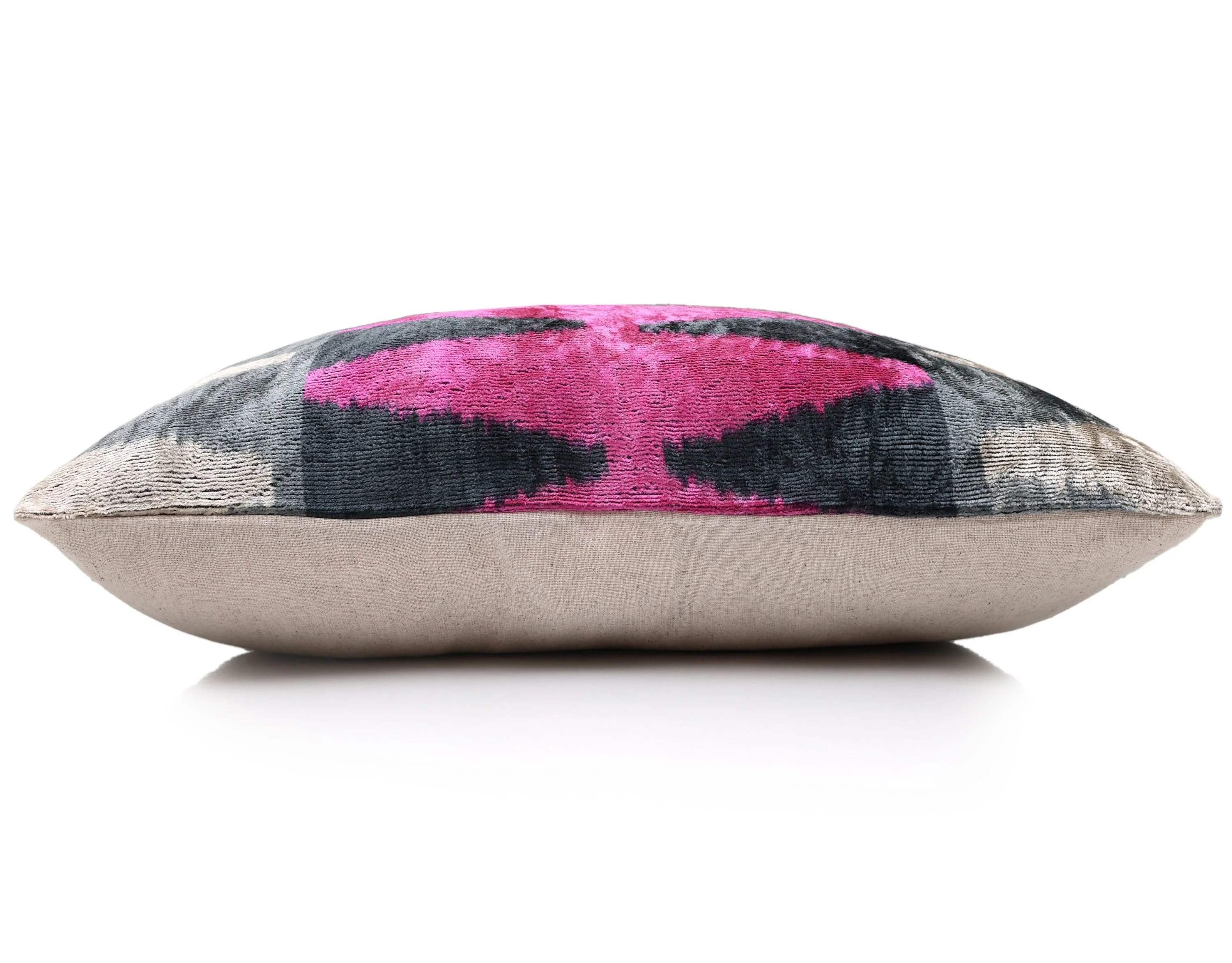 Luxury Pink, Charcoal and Natural Silk Velvet Ikat Lumbar Pillow 16x24 Inch with Down Insert - Image 4
