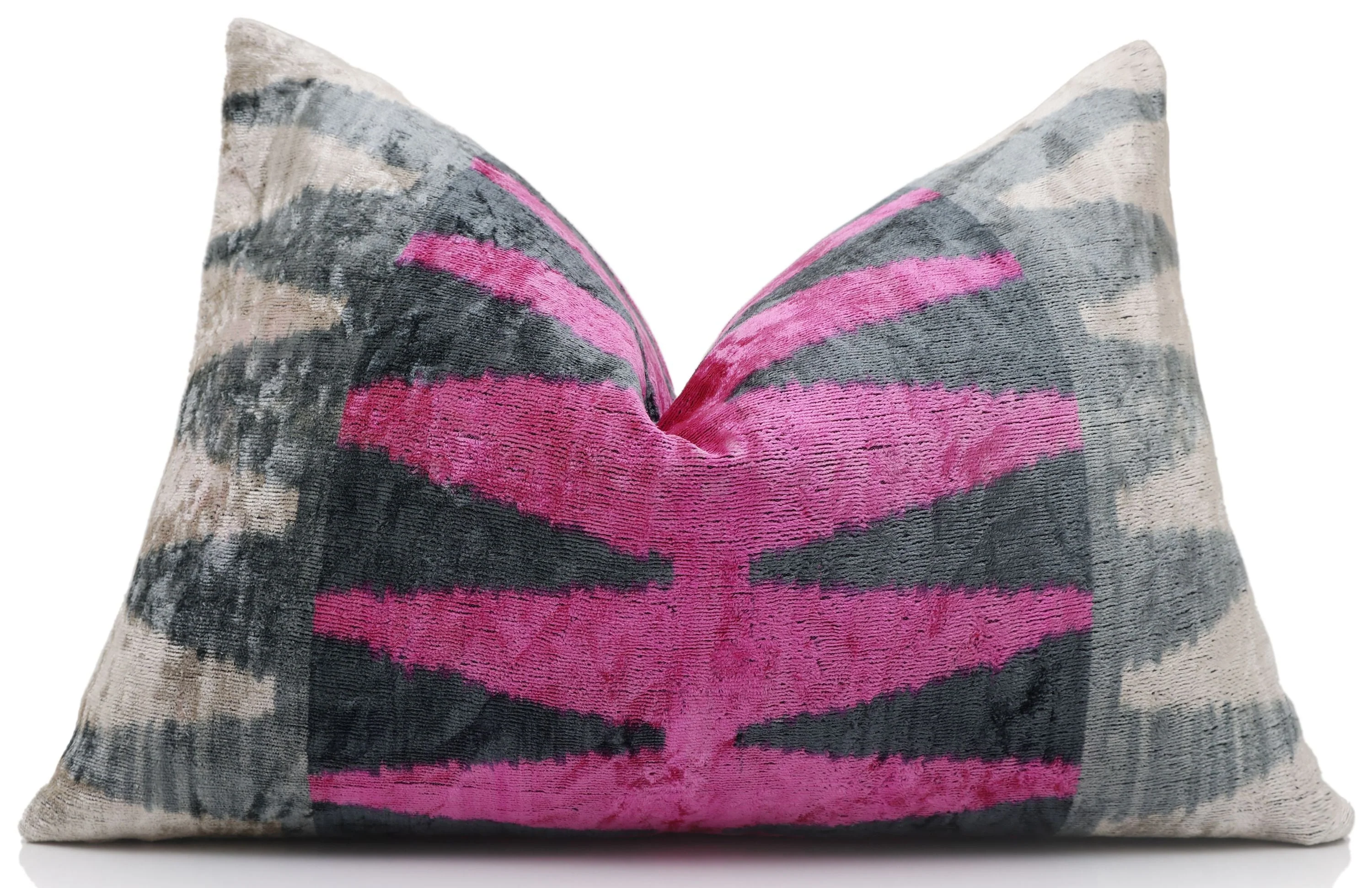 Luxury Pink, Charcoal and Natural Silk Velvet Ikat Lumbar Pillow 16x24 Inch with Down Insert - Image 5