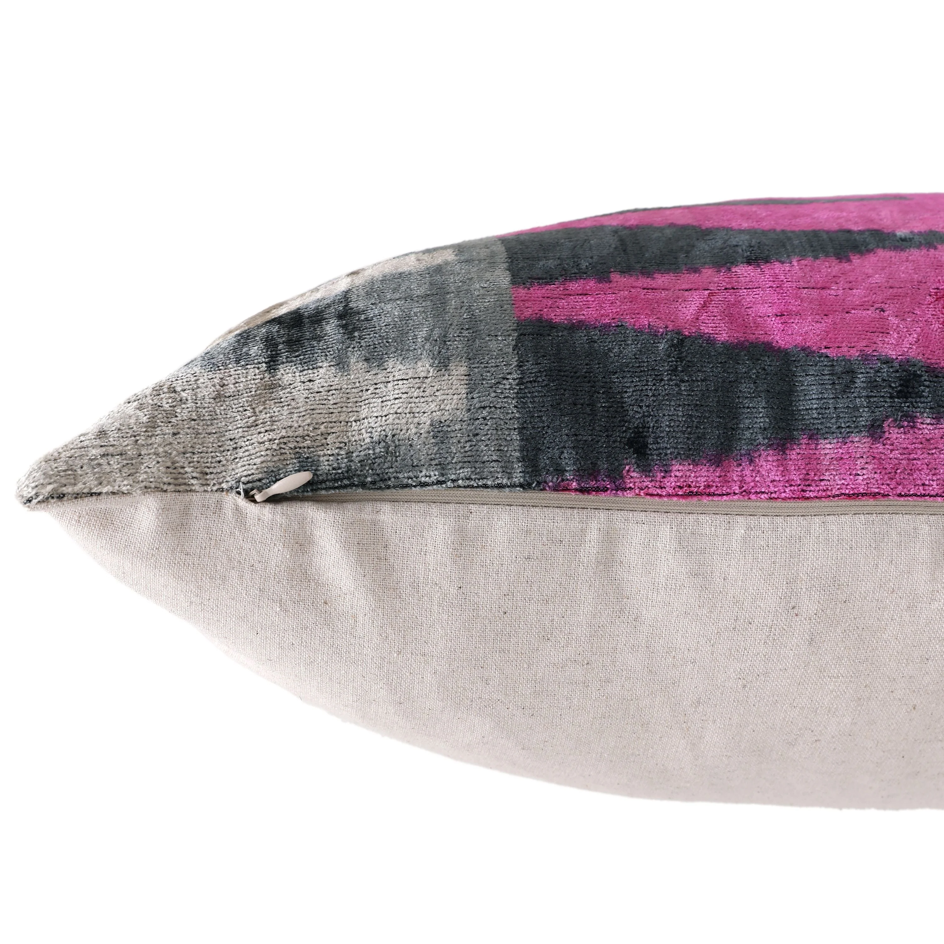 Luxury Pink, Charcoal and Natural Silk Velvet Ikat Lumbar Pillow 16x24 Inch with Down Insert - Image 6
