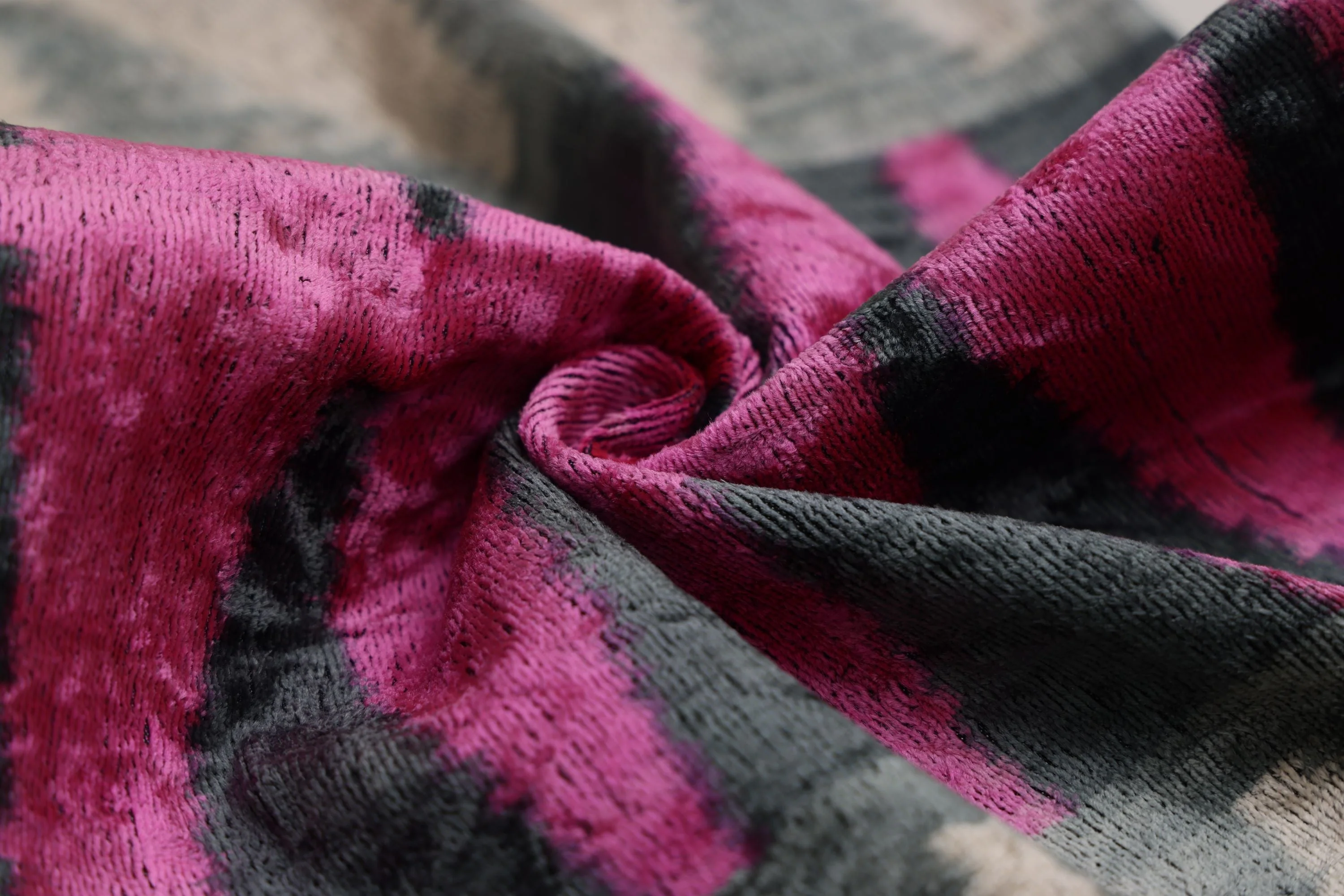 Luxury Pink, Charcoal and Natural Silk Velvet Ikat Lumbar Pillow 16x24 Inch with Down Insert - Image 7