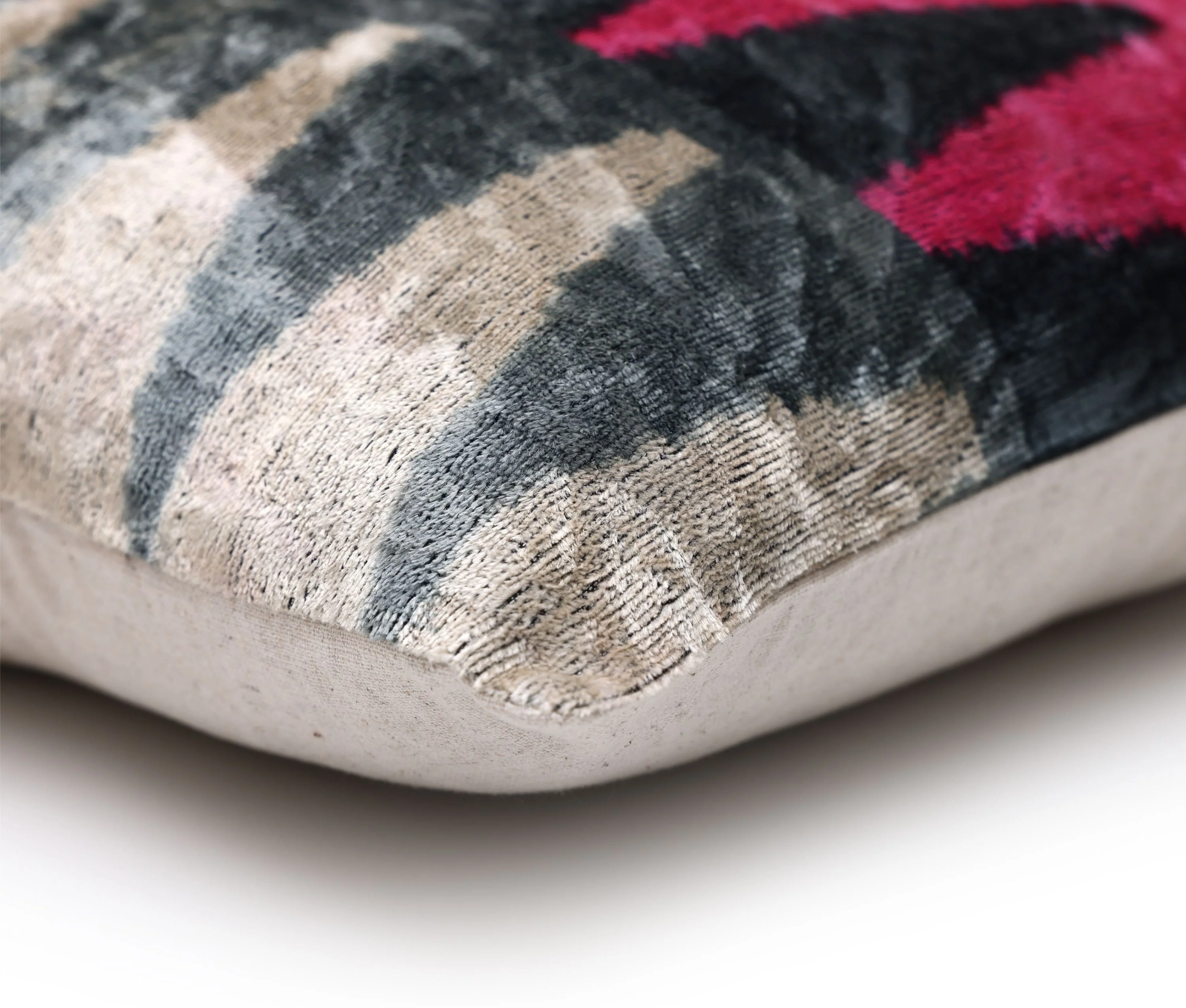 Luxury Pink, Charcoal and Natural Silk Velvet Ikat Lumbar Pillow 16x24 Inch with Down Insert - Image 8