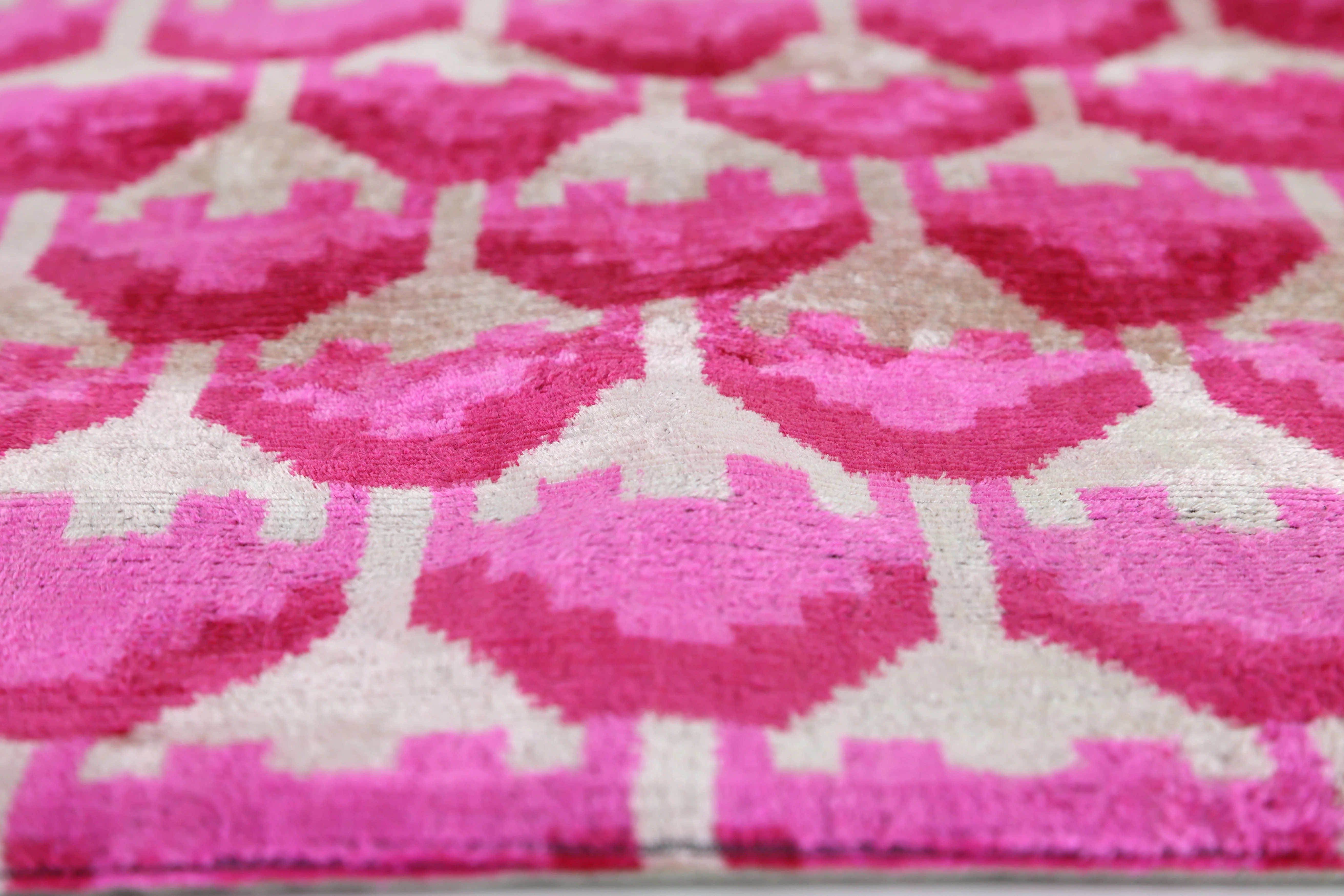 Luxury Pink Silk Velvet Throw Pillow – Handmade 20x20 Ikat Design - Image 3