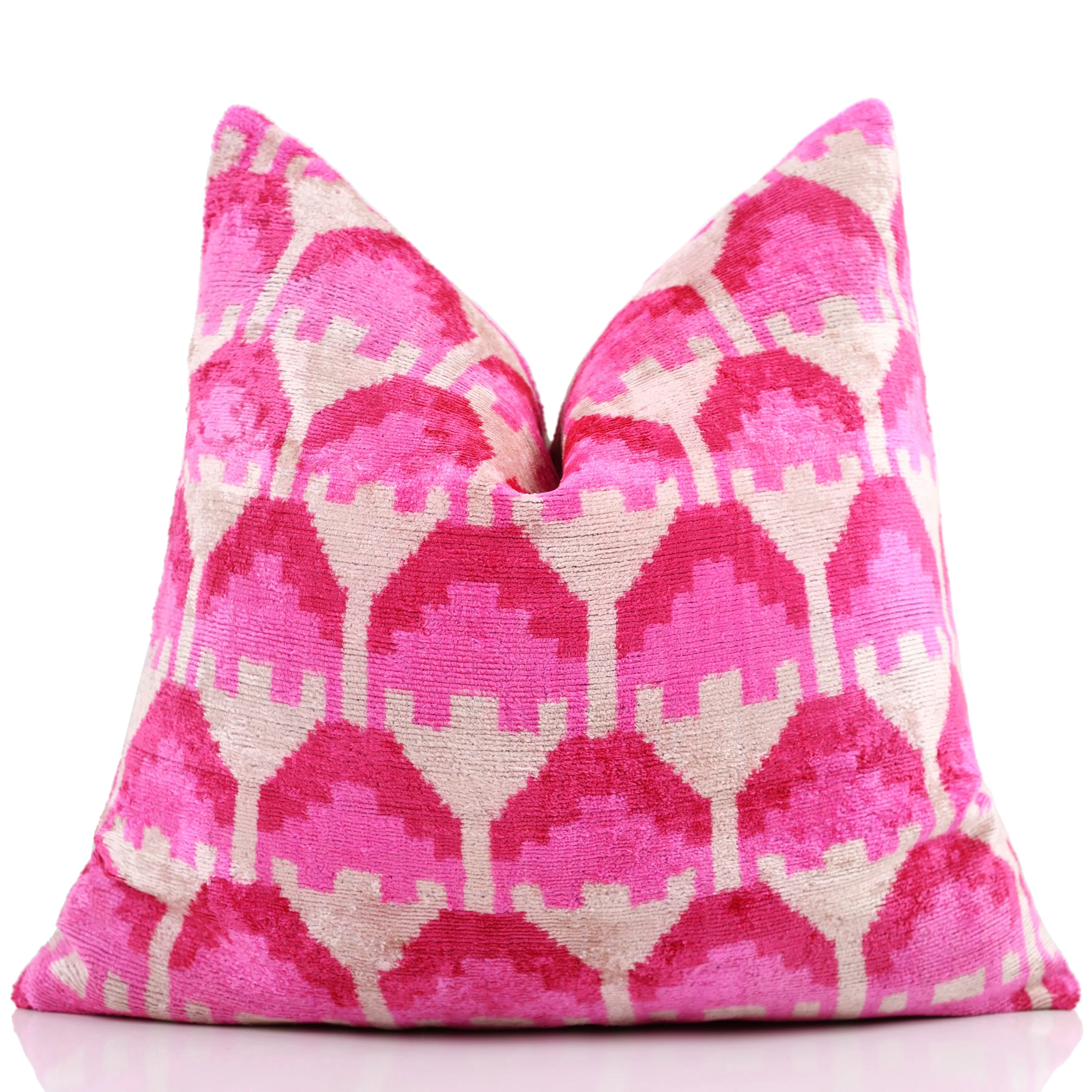Luxury Pink Silk Velvet Throw Pillow – Handmade 20x20 Ikat Design - Image 5