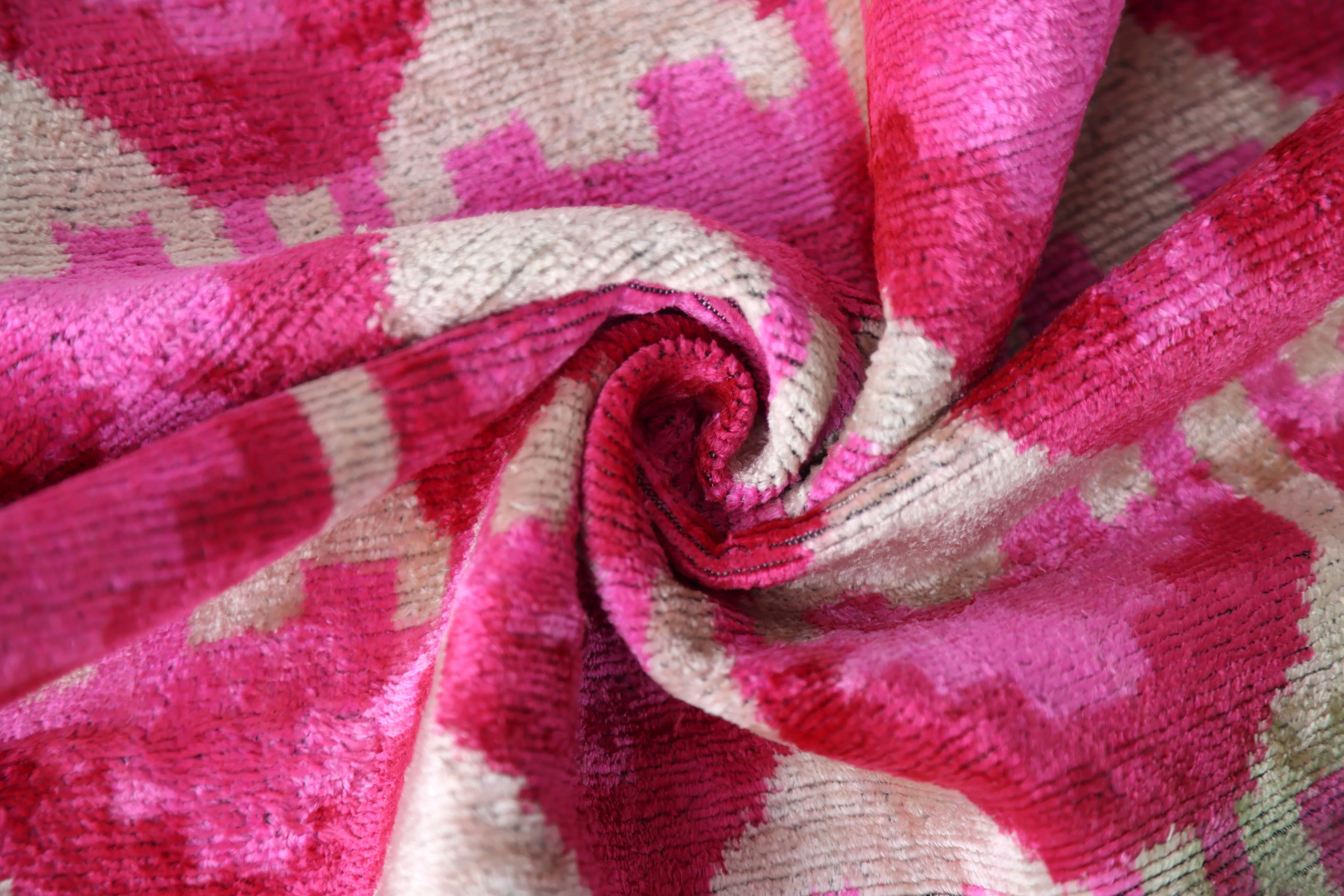Luxury Pink Silk Velvet Throw Pillow – Handmade 20x20 Ikat Design - Image 7