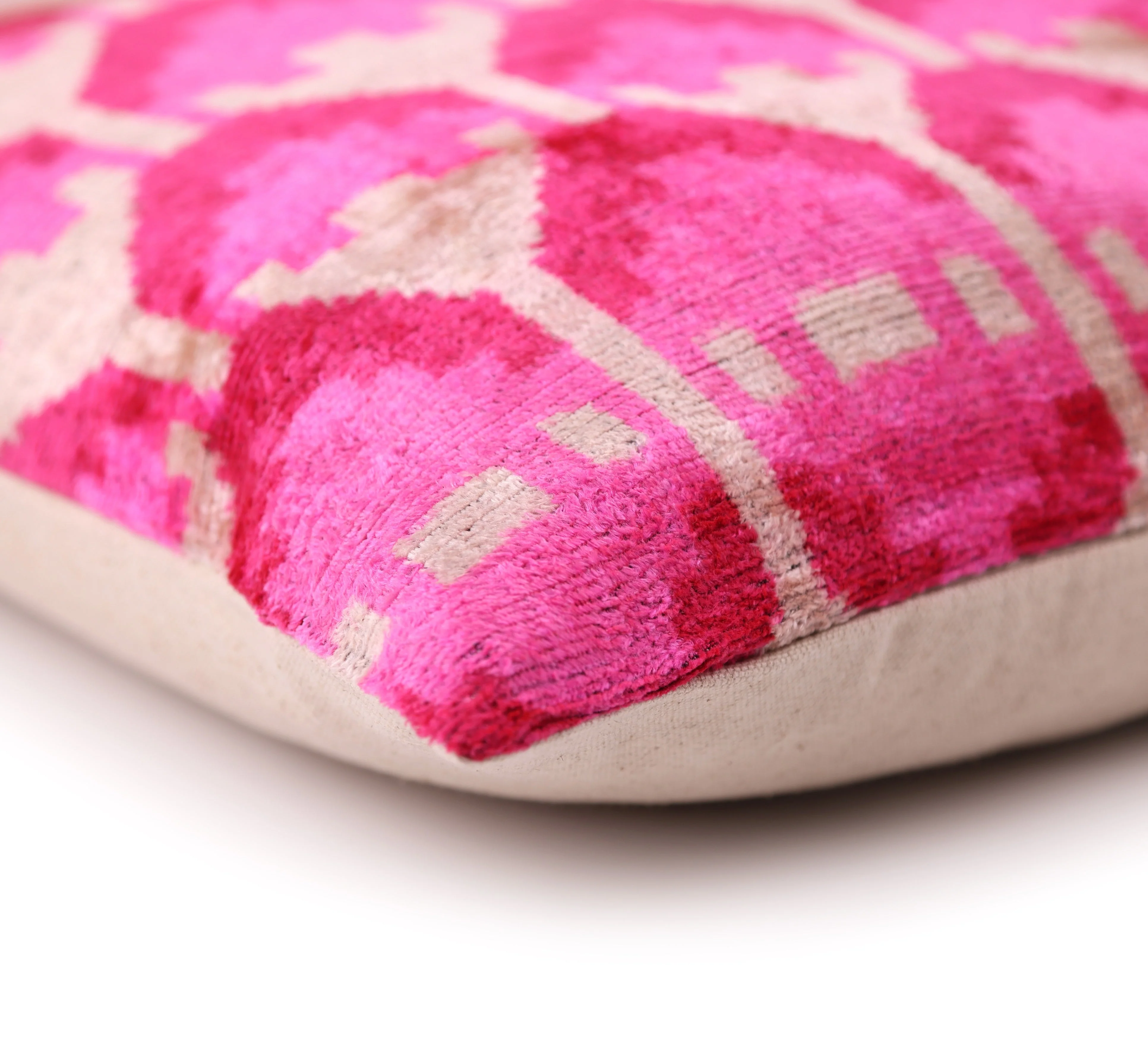 Luxury Pink Silk Velvet Throw Pillow – Handmade 20x20 Ikat Design - Image 8