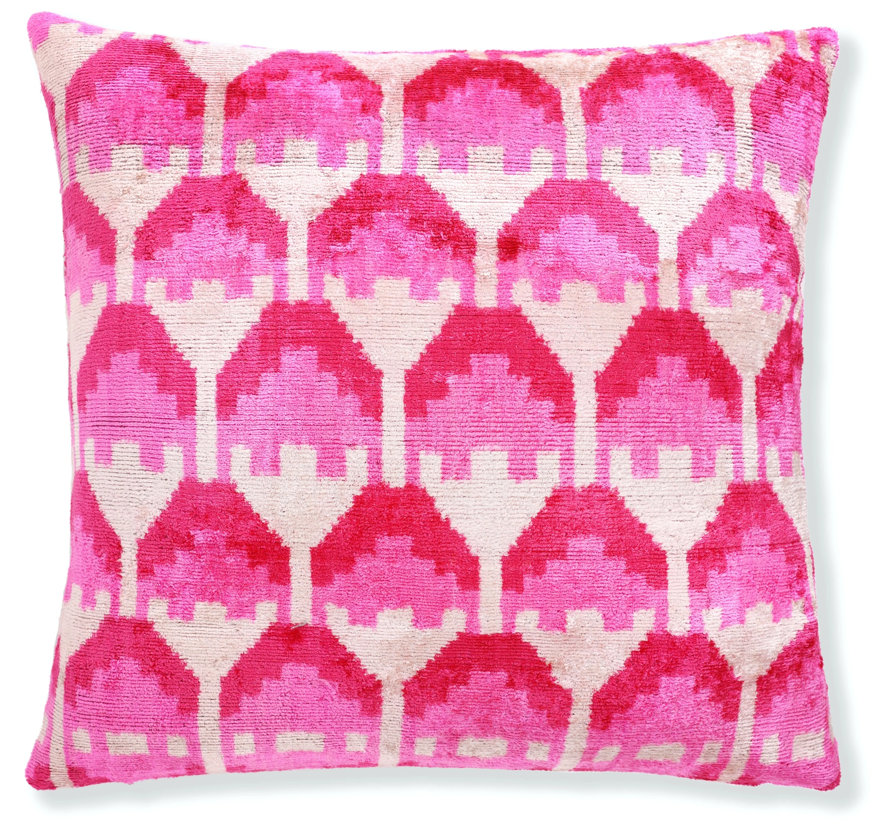 Luxury Pink Silk Velvet Throw Pillow – Handmade 20x20 Ikat Design - Image 9