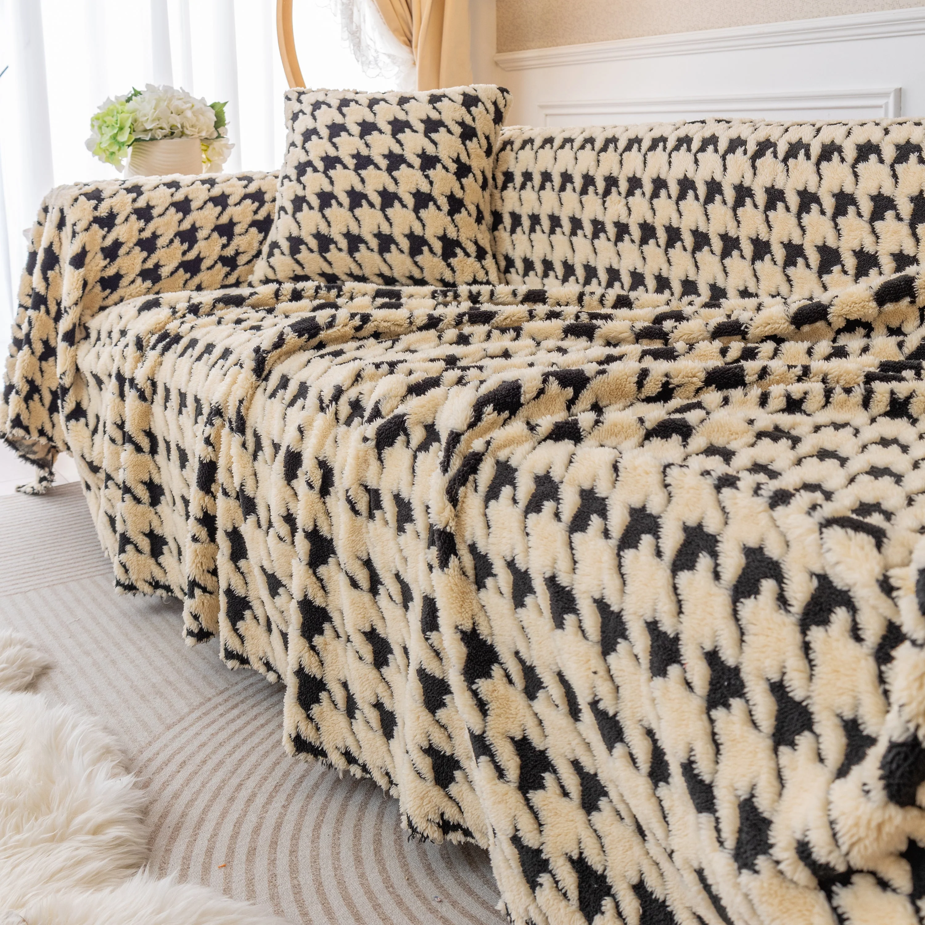 Luxury Plush Universal Couch Cover Blanket, Washable Couch Protector Houndstooth Sofa Covers - Image 28