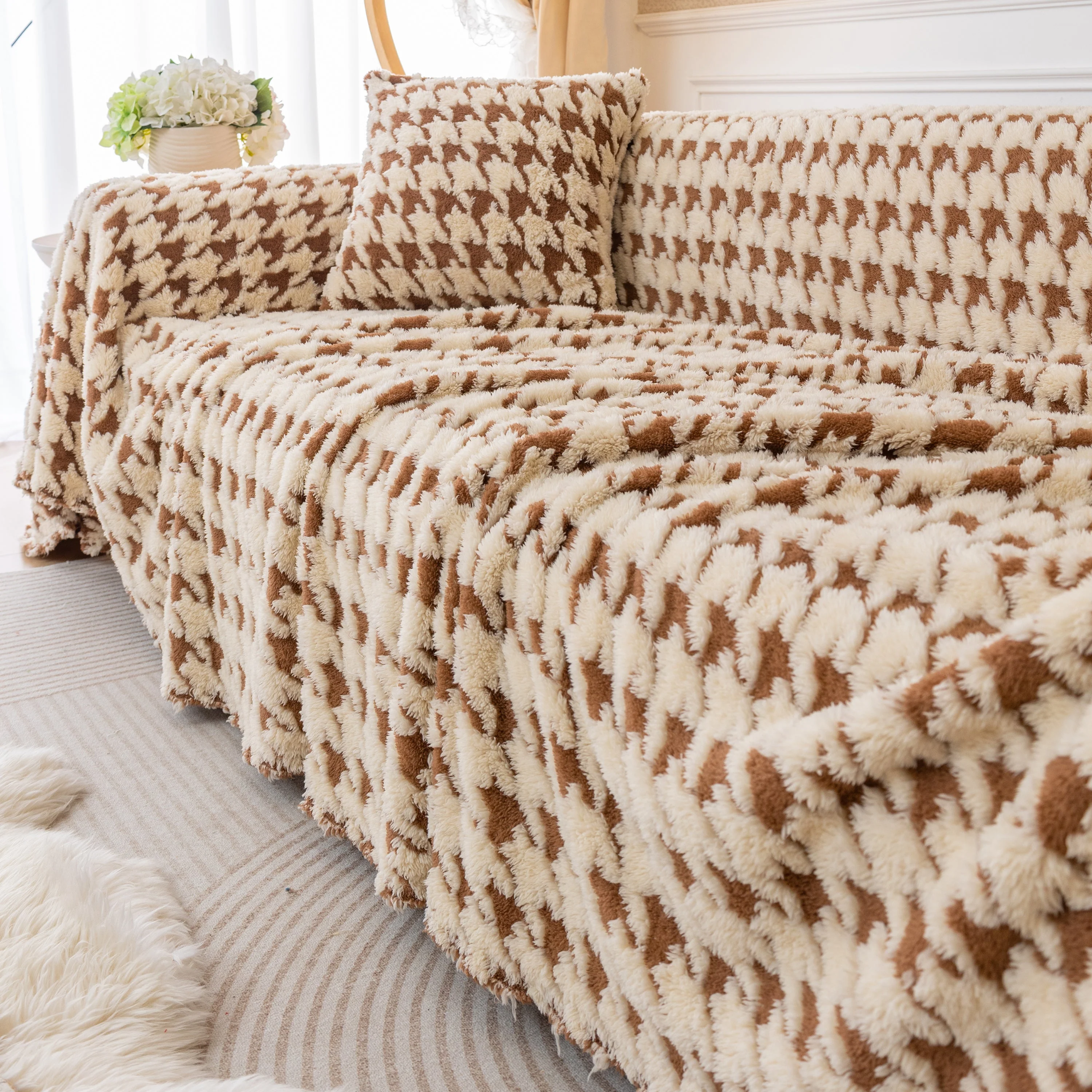 Luxury Plush Universal Couch Cover Blanket, Washable Couch Protector Houndstooth Sofa Covers - Image 83