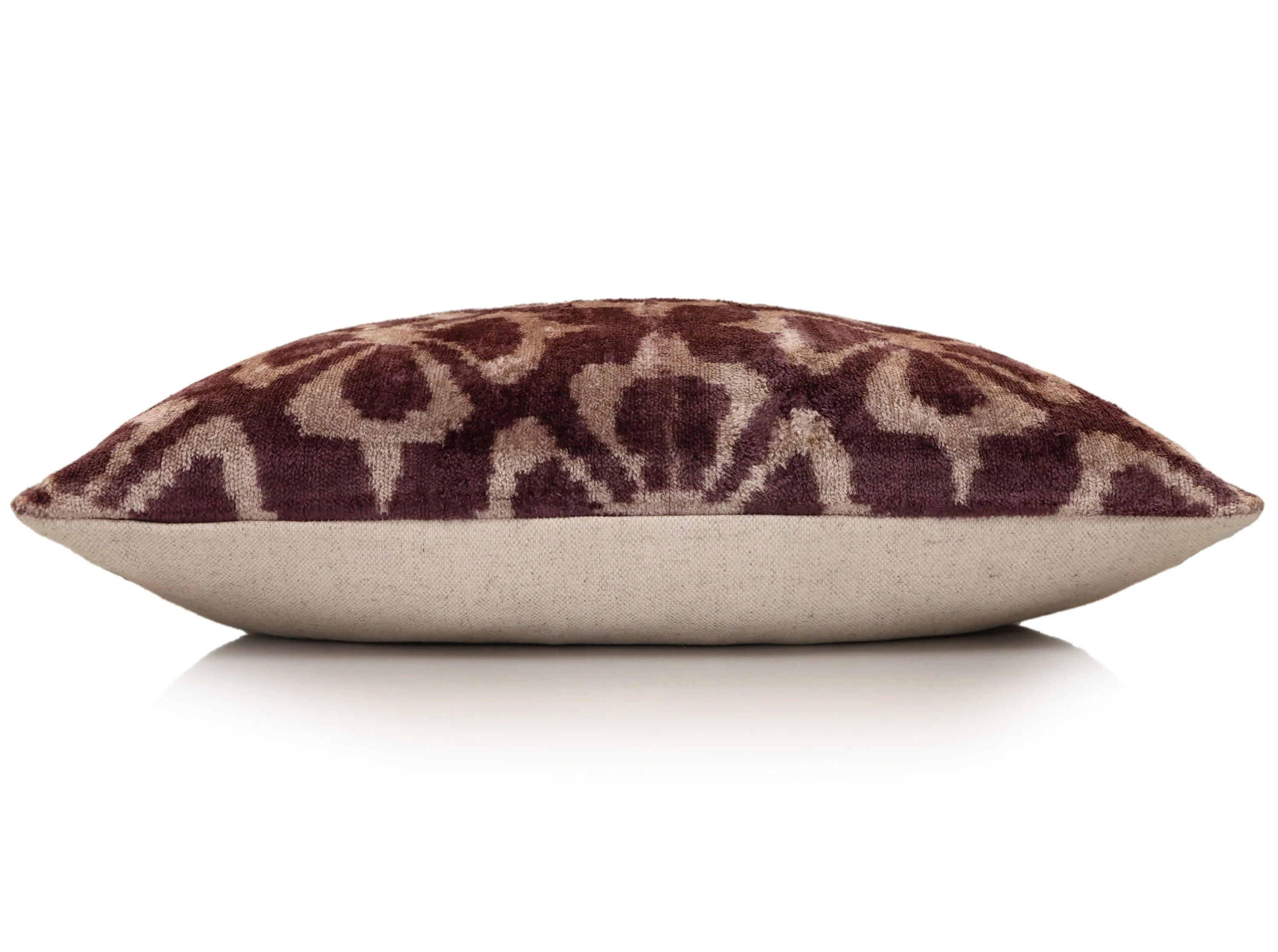 Luxury Silk Velvet Ikat Pillow in Mulberry and Cream 16x24 Inch with Down Feather Insert - Image 4