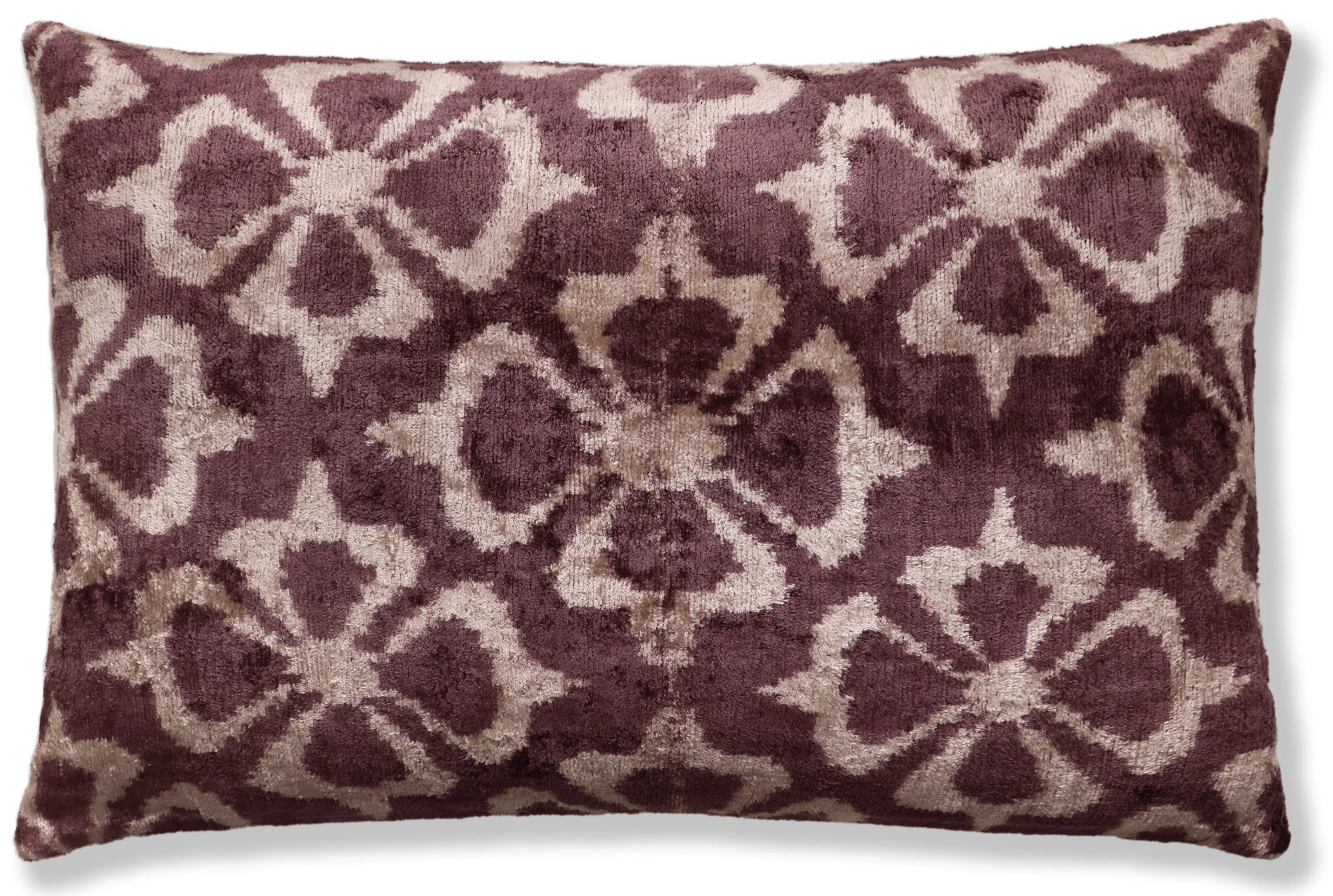 Luxury Silk Velvet Ikat Pillow in Mulberry and Cream 16x24 Inch with Down Feather Insert - Image 5