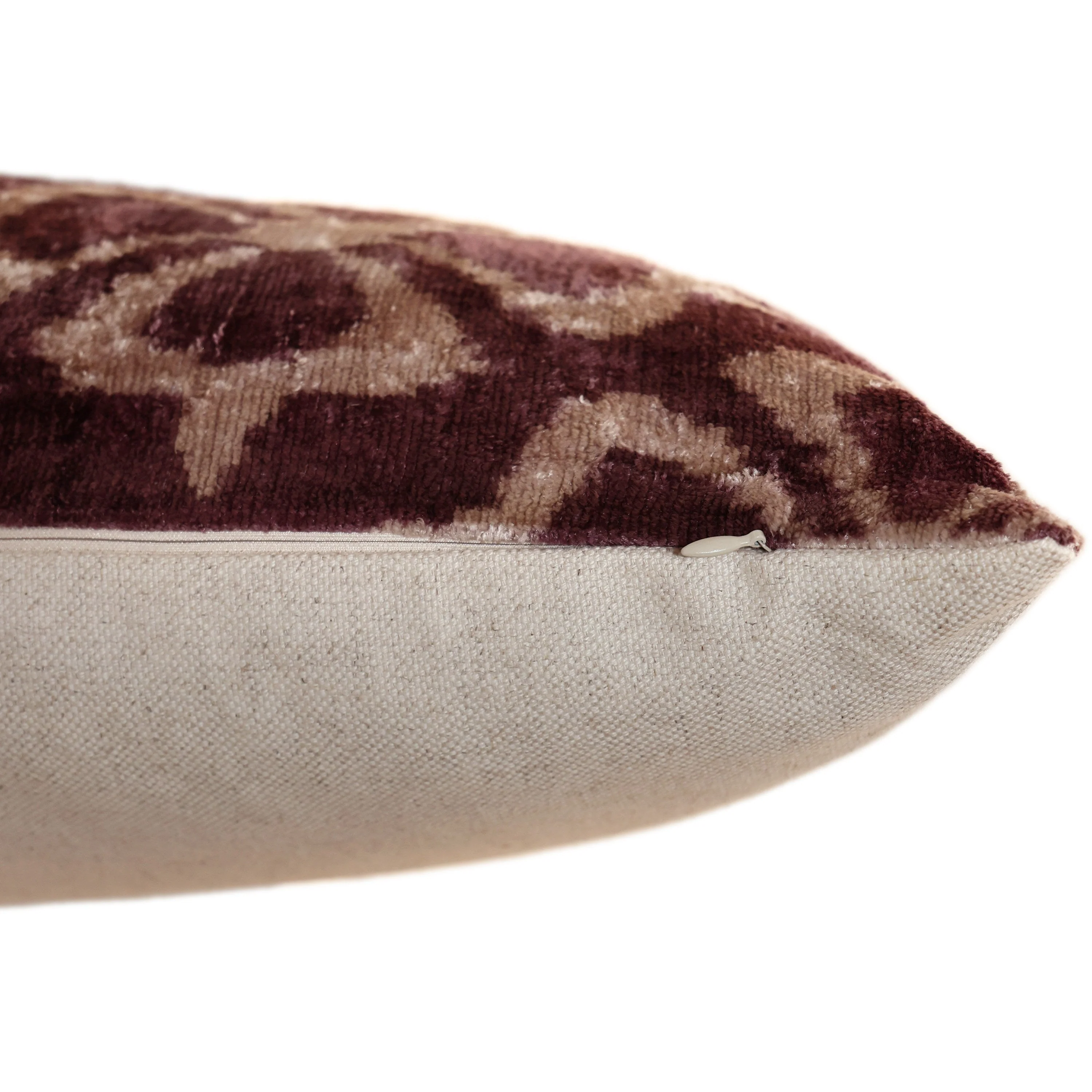 Luxury Silk Velvet Ikat Pillow in Mulberry and Cream 16x24 Inch with Down Feather Insert - Image 6