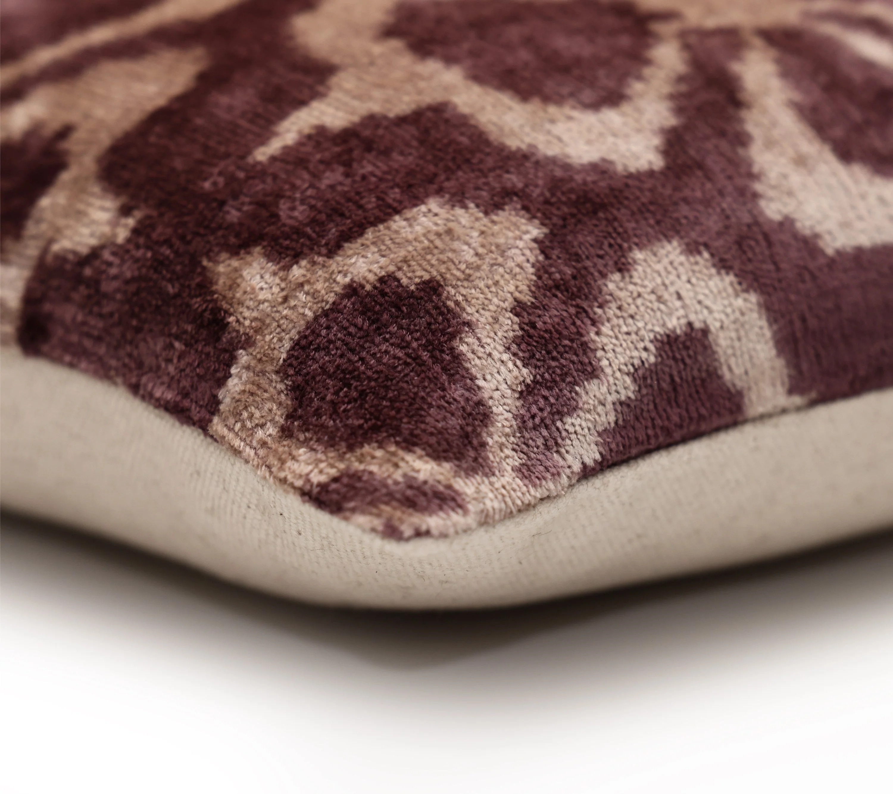 Luxury Silk Velvet Ikat Pillow in Mulberry and Cream 16x24 Inch with Down Feather Insert - Image 8
