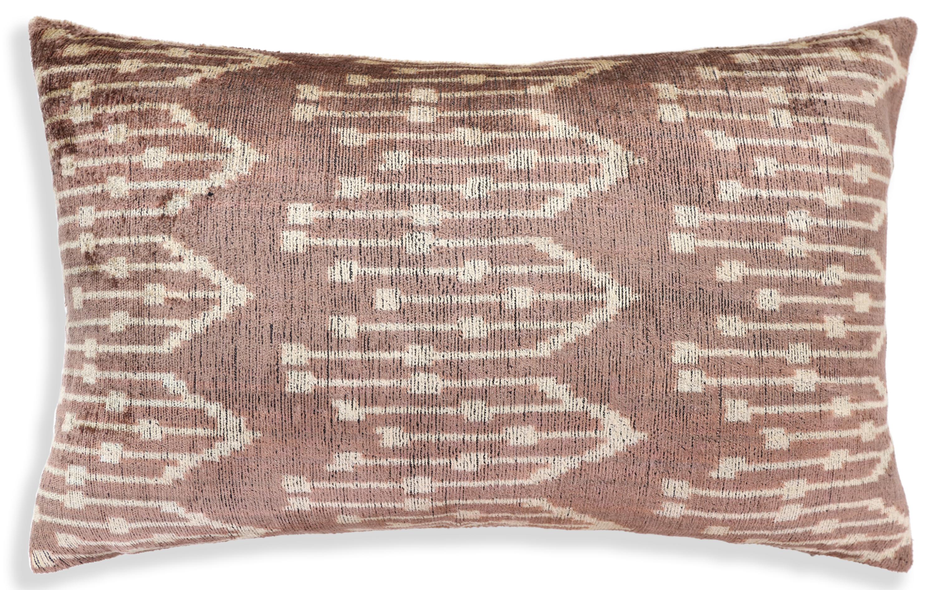 Luxury Silk Velvet Ikat Throw Pillow 16x24 – Taupe & Blush Handmade - Image 5