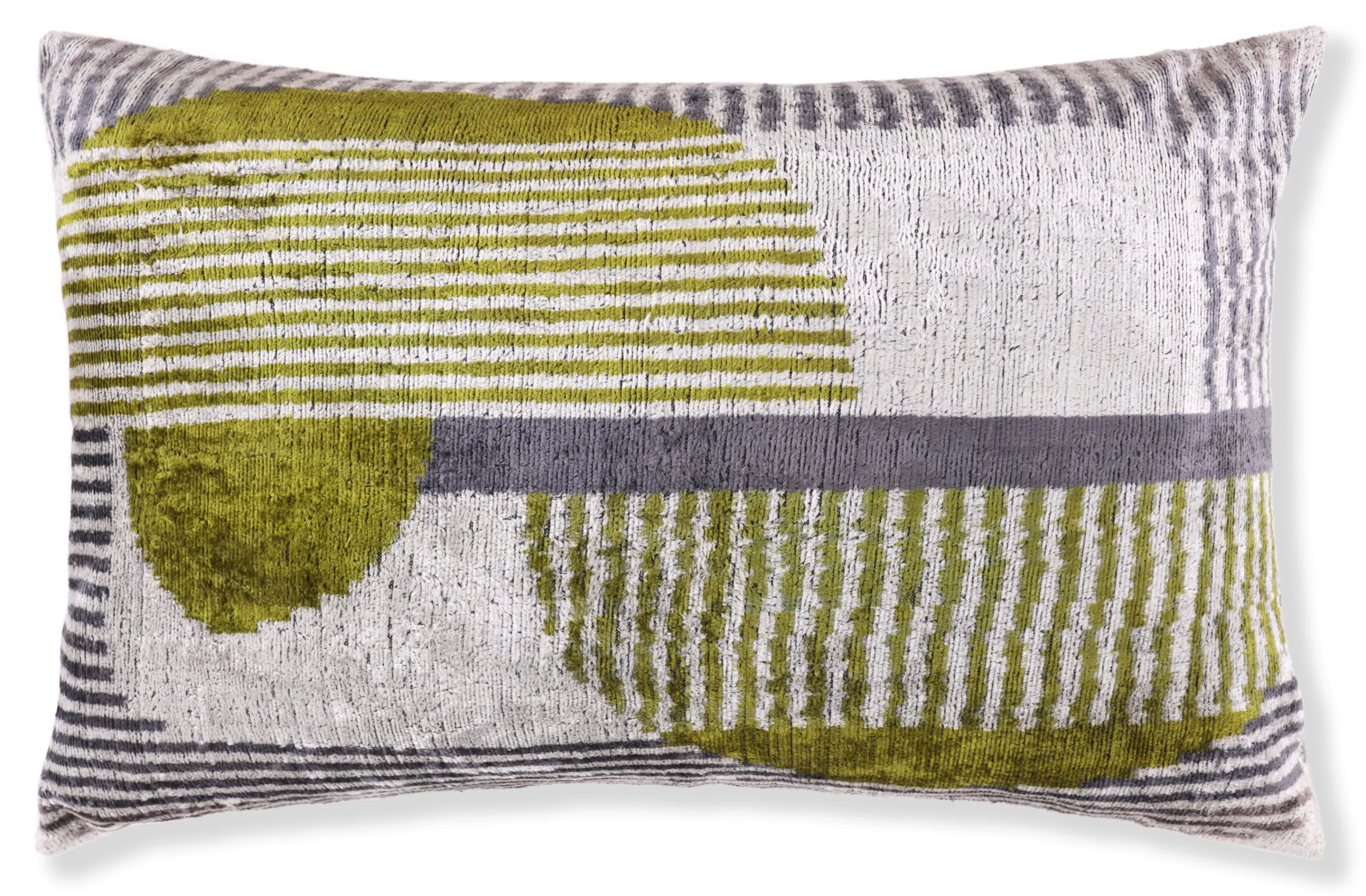 Luxury Silk Velvet Pillow 16x24 – Handmade Green & Gray Geometric Lumbar Cushion - Image 5